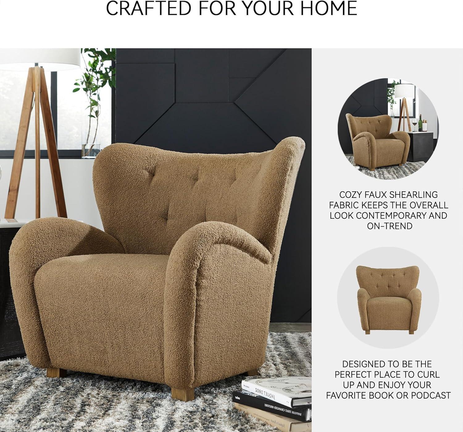 imageSignature Design by Ashley Larbell Contemporary Faux Shearling Tufted Upholstered Accent Chair with Wingback Light BrownLight Brown