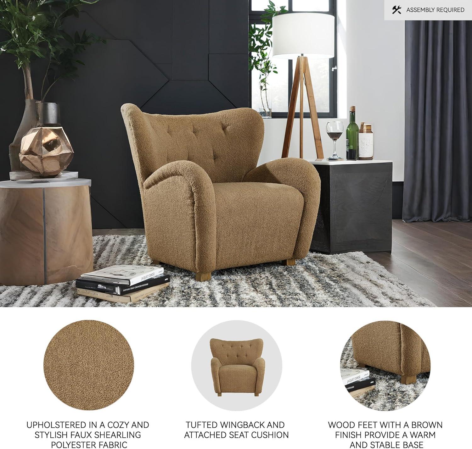 imageSignature Design by Ashley Larbell Contemporary Faux Shearling Tufted Upholstered Accent Chair with Wingback Light BrownLight Brown