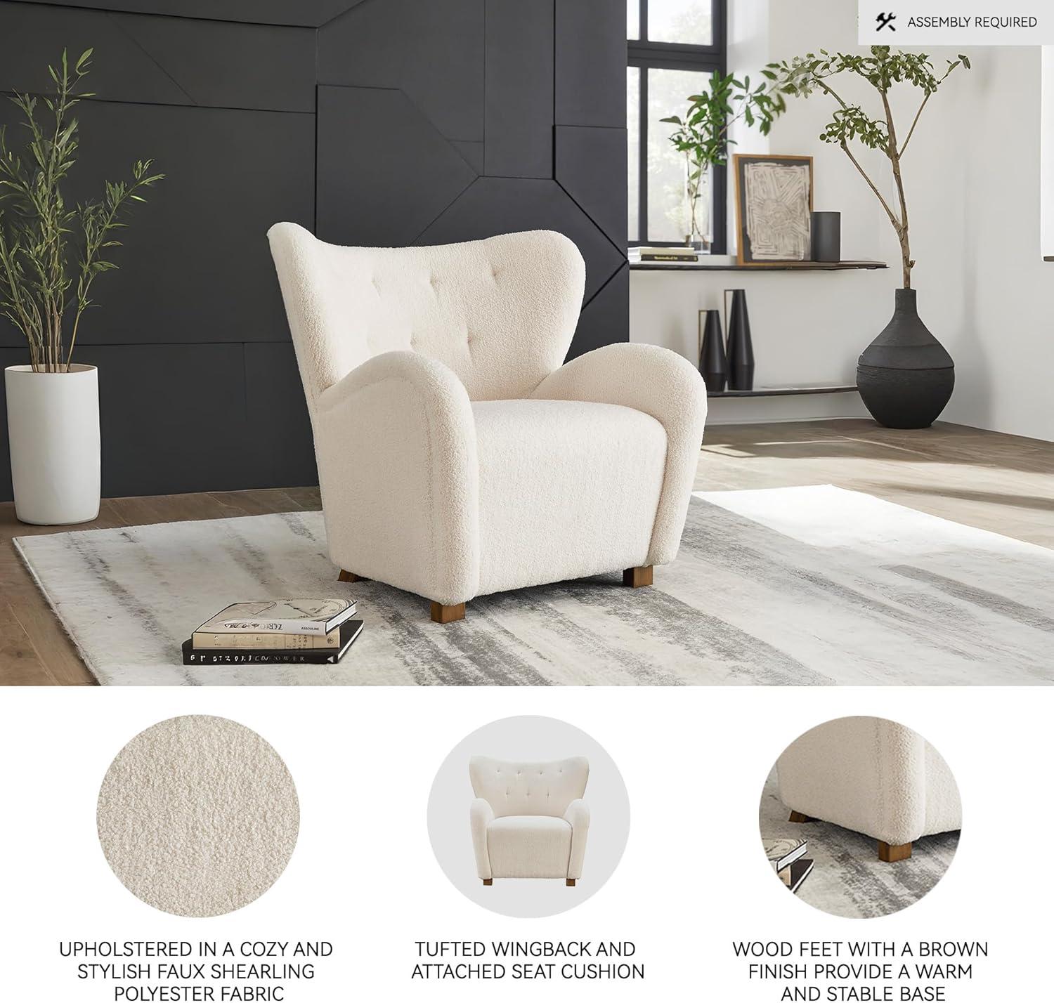 imageSignature Design by Ashley Larbell Contemporary Faux Shearling Tufted Upholstered Accent Chair with Wingback Light BrownWhite