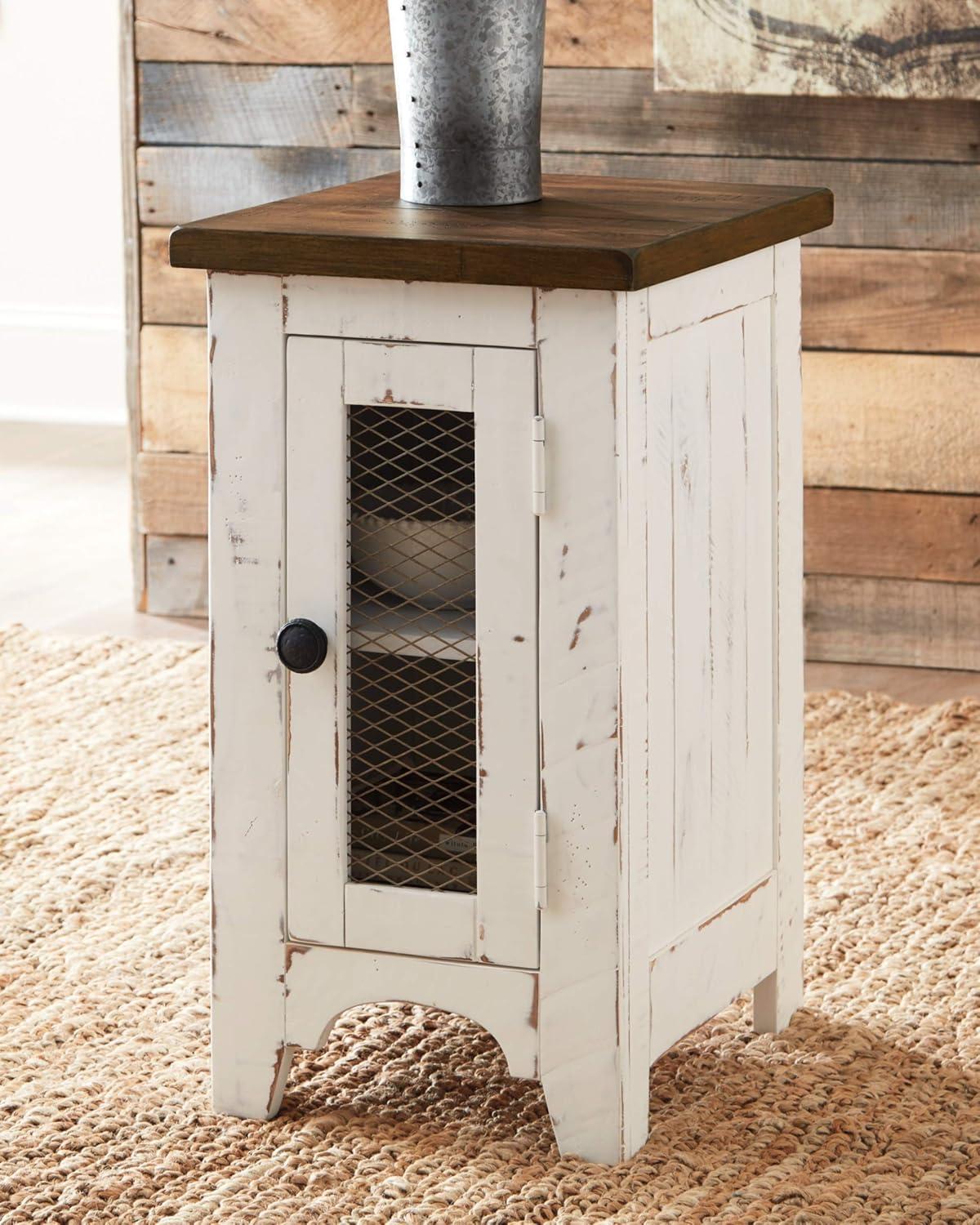 imageSignature Design by Ashley Wystfield Farmhouse Chair Side End Table with Cabinet Door for Storage White amp Brown with Distressed Finish and Signature Design by Ashley Wystfield Farmhouse End Table with Storage Distressed White amp Brown FinishWhite