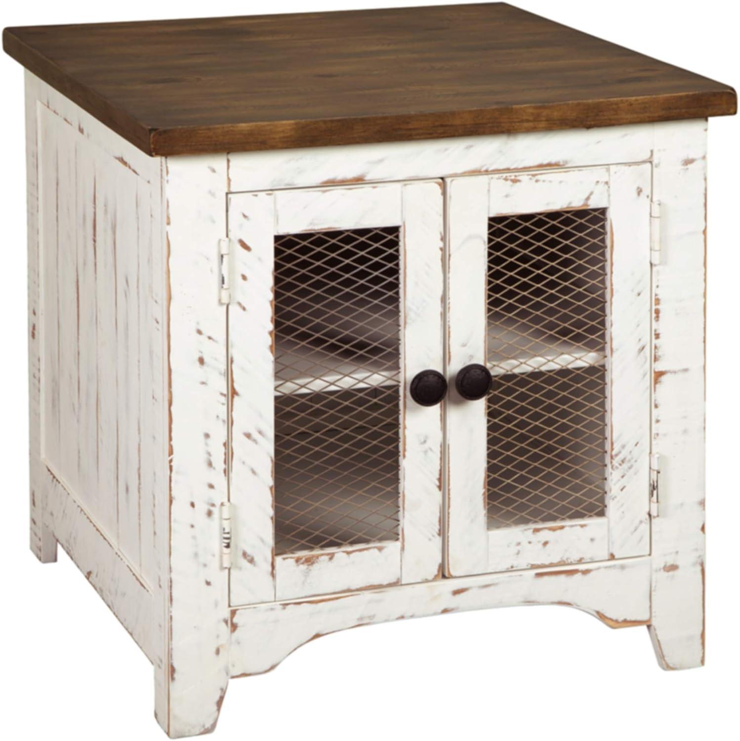 imageSignature Design by Ashley Wystfield Farmhouse Chair Side End Table with Cabinet Door for Storage White amp Brown with Distressed Finish and Signature Design by Ashley Wystfield Farmhouse End Table with Storage Distressed White amp Brown FinishWhite