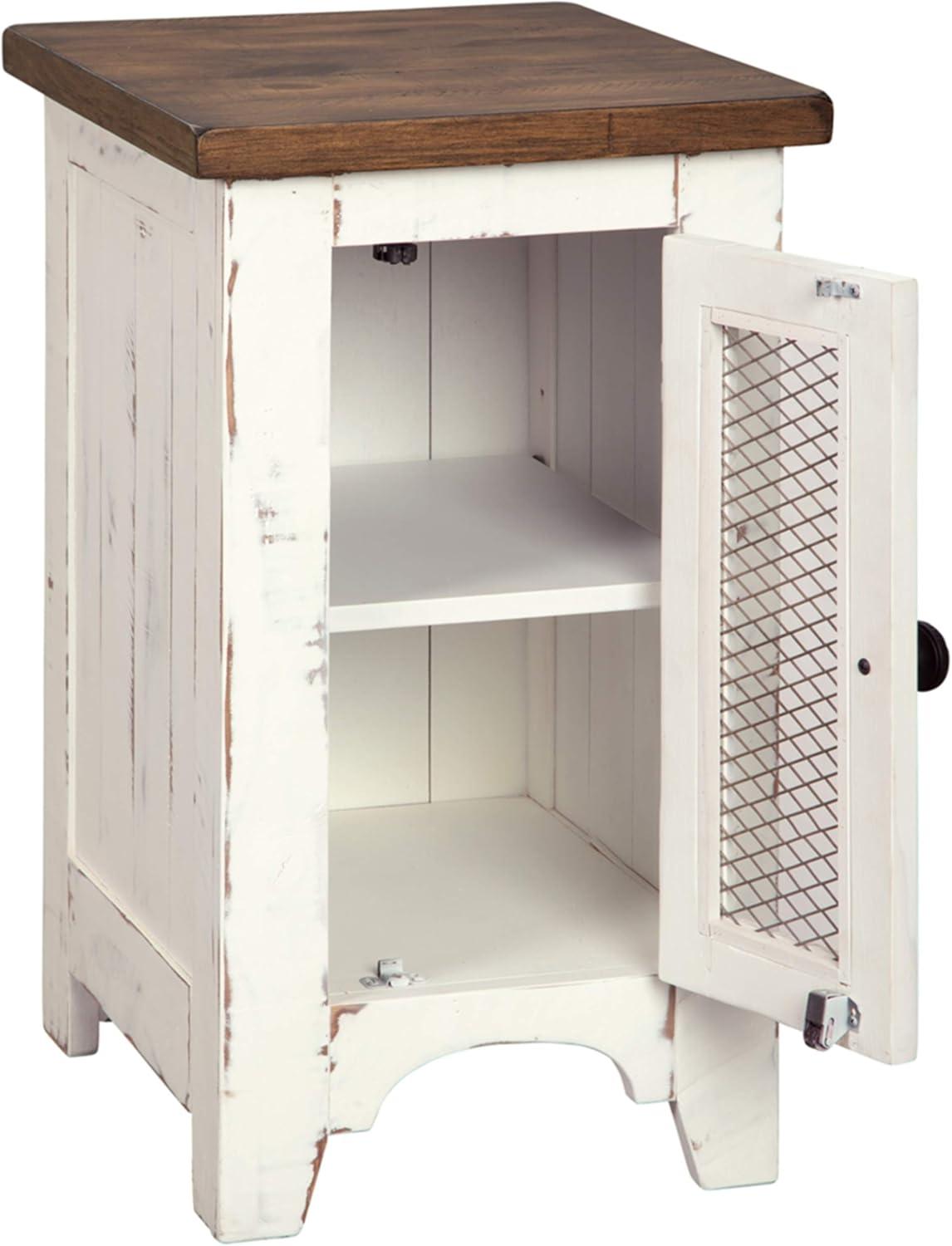 imageSignature Design by Ashley Wystfield Farmhouse Chair Side End Table with Cabinet Door for Storage White amp Brown with Distressed Finish and Signature Design by Ashley Wystfield Farmhouse End Table with Storage Distressed White amp Brown FinishWhite