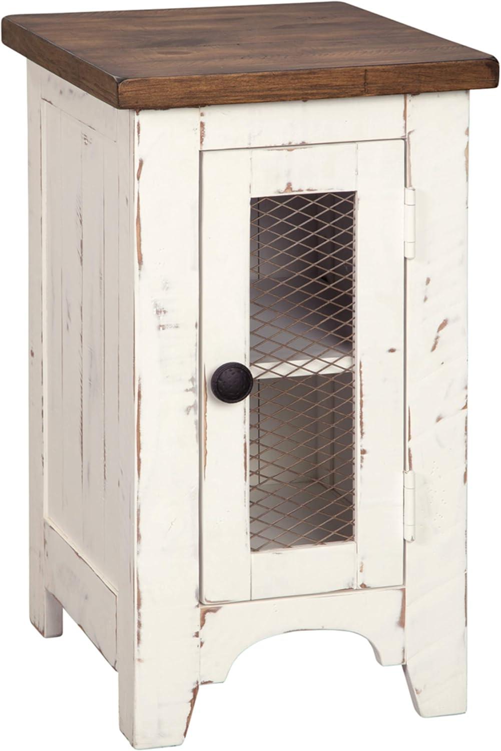 imageSignature Design by Ashley Wystfield Farmhouse Chair Side End Table with Cabinet Door for Storage White amp Brown with Distressed Finish and Signature Design by Ashley Wystfield Farmhouse End Table with Storage Distressed White amp Brown FinishWhite