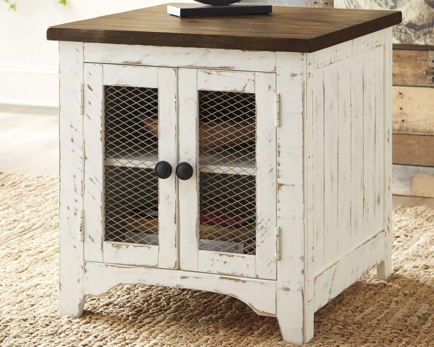 imageSignature Design by Ashley Wystfield Farmhouse Chair Side End Table with Cabinet Door for Storage White amp Brown with Distressed Finish and Signature Design by Ashley Wystfield Farmhouse End Table with Storage Distressed White amp Brown FinishWhite