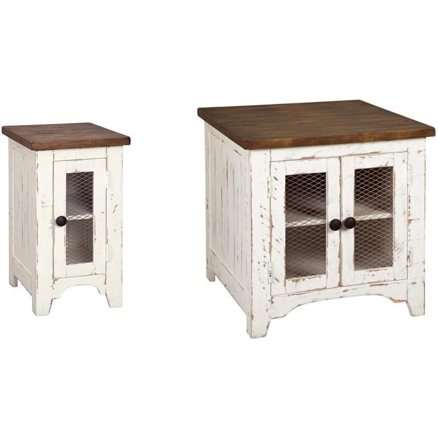 imageSignature Design by Ashley Wystfield Farmhouse Chair Side End Table with Cabinet Door for Storage White amp Brown with Distressed Finish and Signature Design by Ashley Wystfield Farmhouse End Table with Storage Distressed White amp Brown FinishWhite