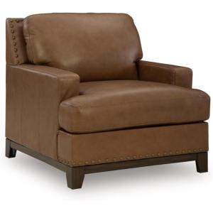 Signature Design by Ashley Brendola Transitional Leather Match Chair with Nailhead Trim and Loose Seat Cushions, Light Brown(Chair)