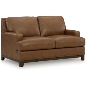 Signature Design by Ashley Brendola Transitional Leather Match Chair with Nailhead Trim and Loose Seat Cushions, Light Brown(Loveseat)
