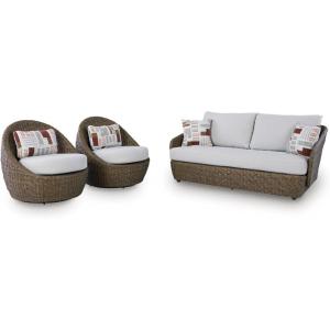 Signature Design by Ashley Cardiff Beach Coastal Weather Resistant Outdoor Loveseat and 2 Swivel Chairs with 4 Accent Pillows, Set of 3, White & Dark Brown