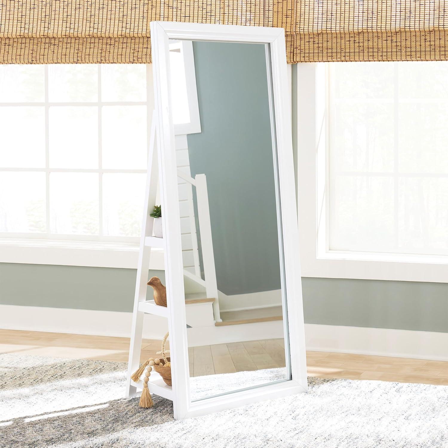 imageSignature Design by Ashley Evesen Modern Full Length Thick Framed Floor Standing Mirror with LED Lights and 3 Shelves White