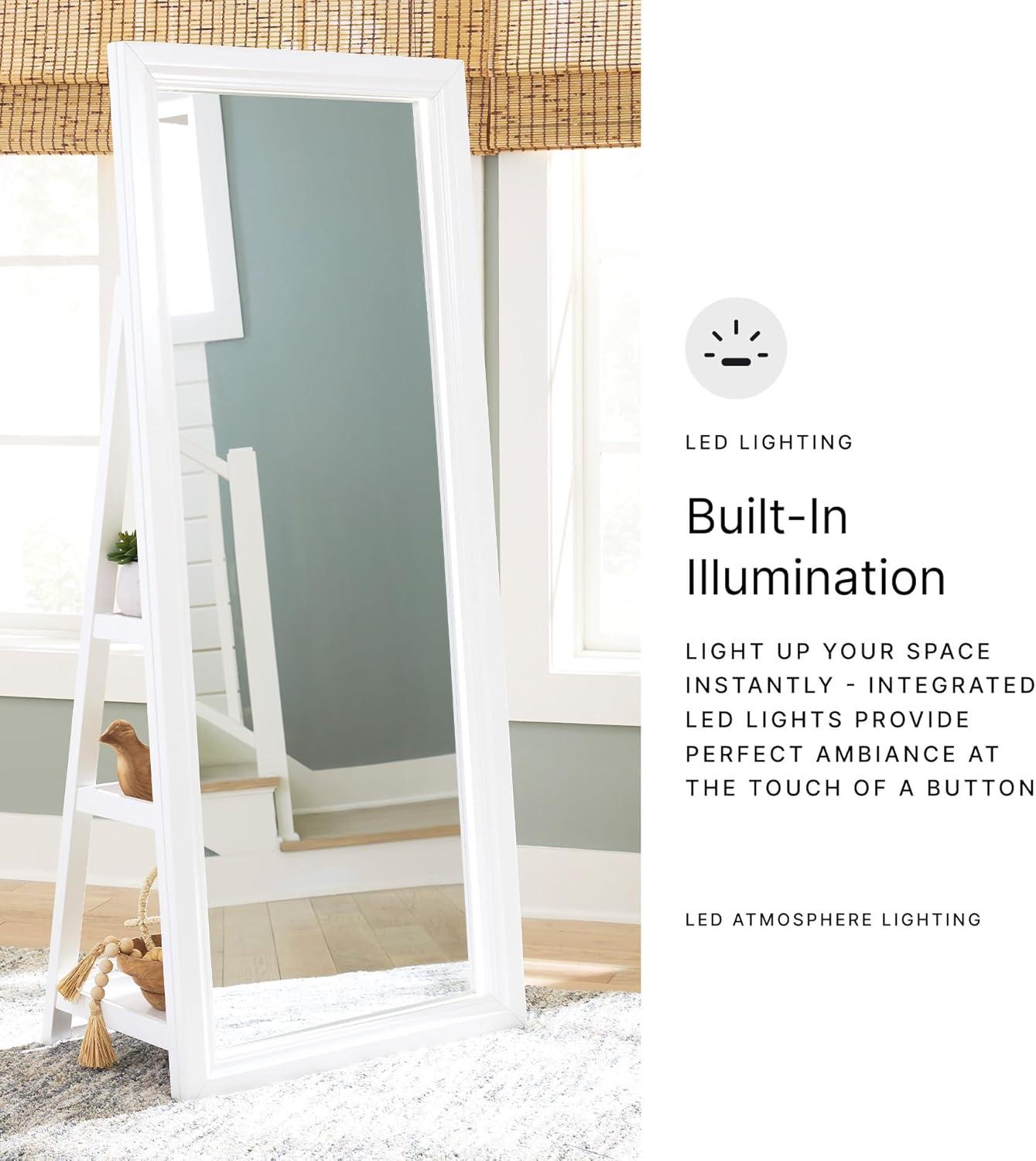 imageSignature Design by Ashley Evesen Modern Full Length Thick Framed Floor Standing Mirror with LED Lights and 3 Shelves White