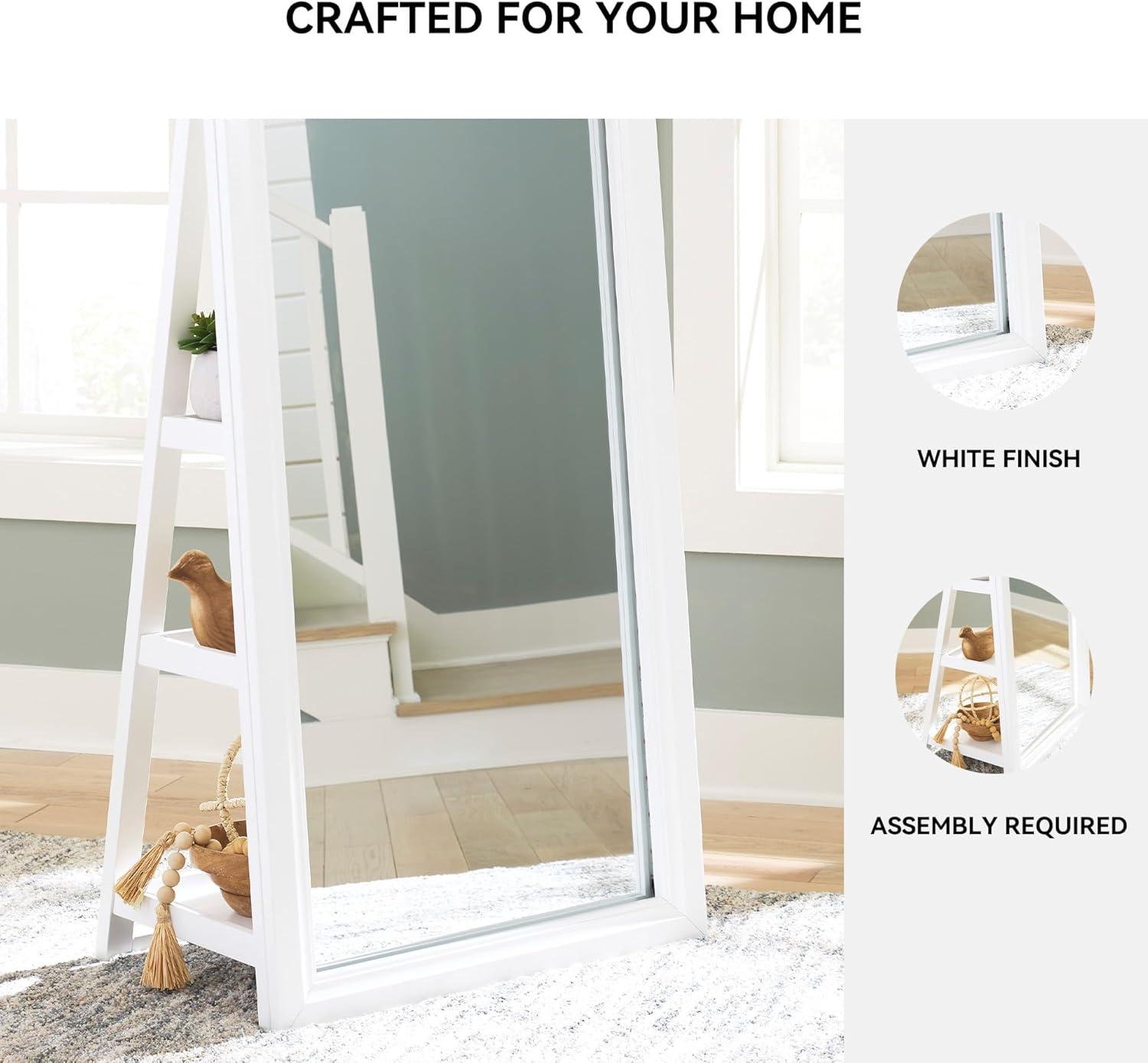 imageSignature Design by Ashley Evesen Modern Full Length Thick Framed Floor Standing Mirror with LED Lights and 3 Shelves White