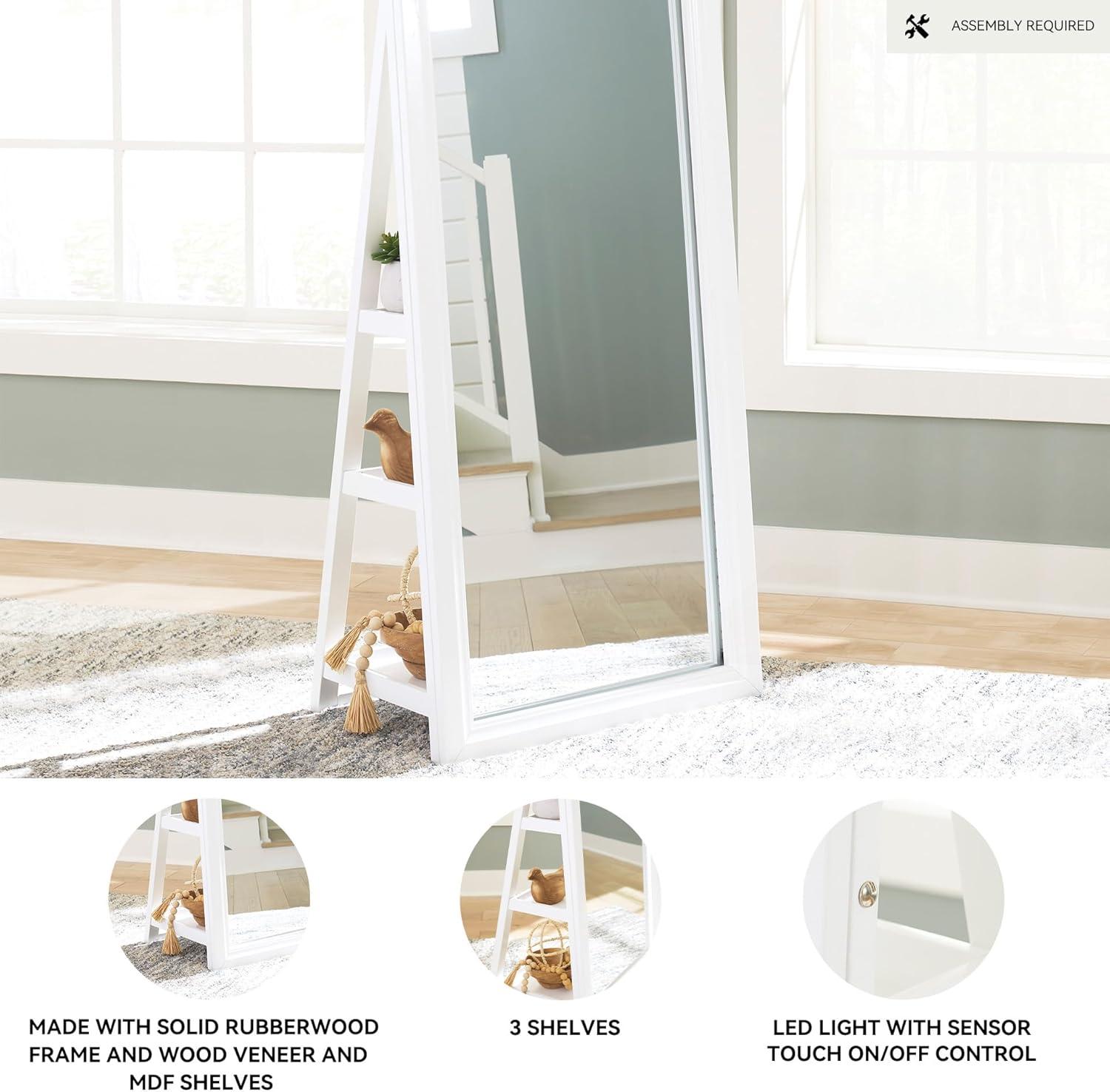 imageSignature Design by Ashley Evesen Modern Full Length Thick Framed Floor Standing Mirror with LED Lights and 3 Shelves White