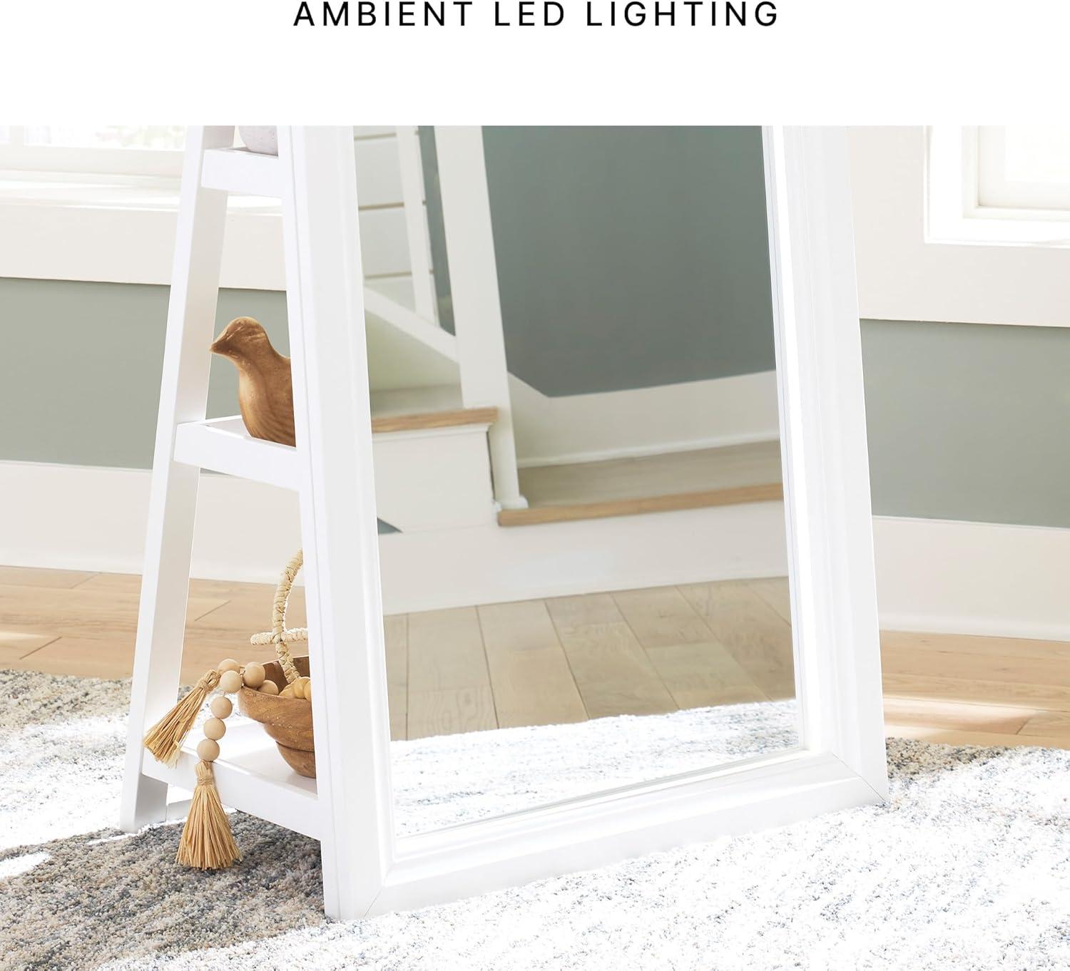imageSignature Design by Ashley Evesen Modern Full Length Thick Framed Floor Standing Mirror with LED Lights and 3 Shelves White