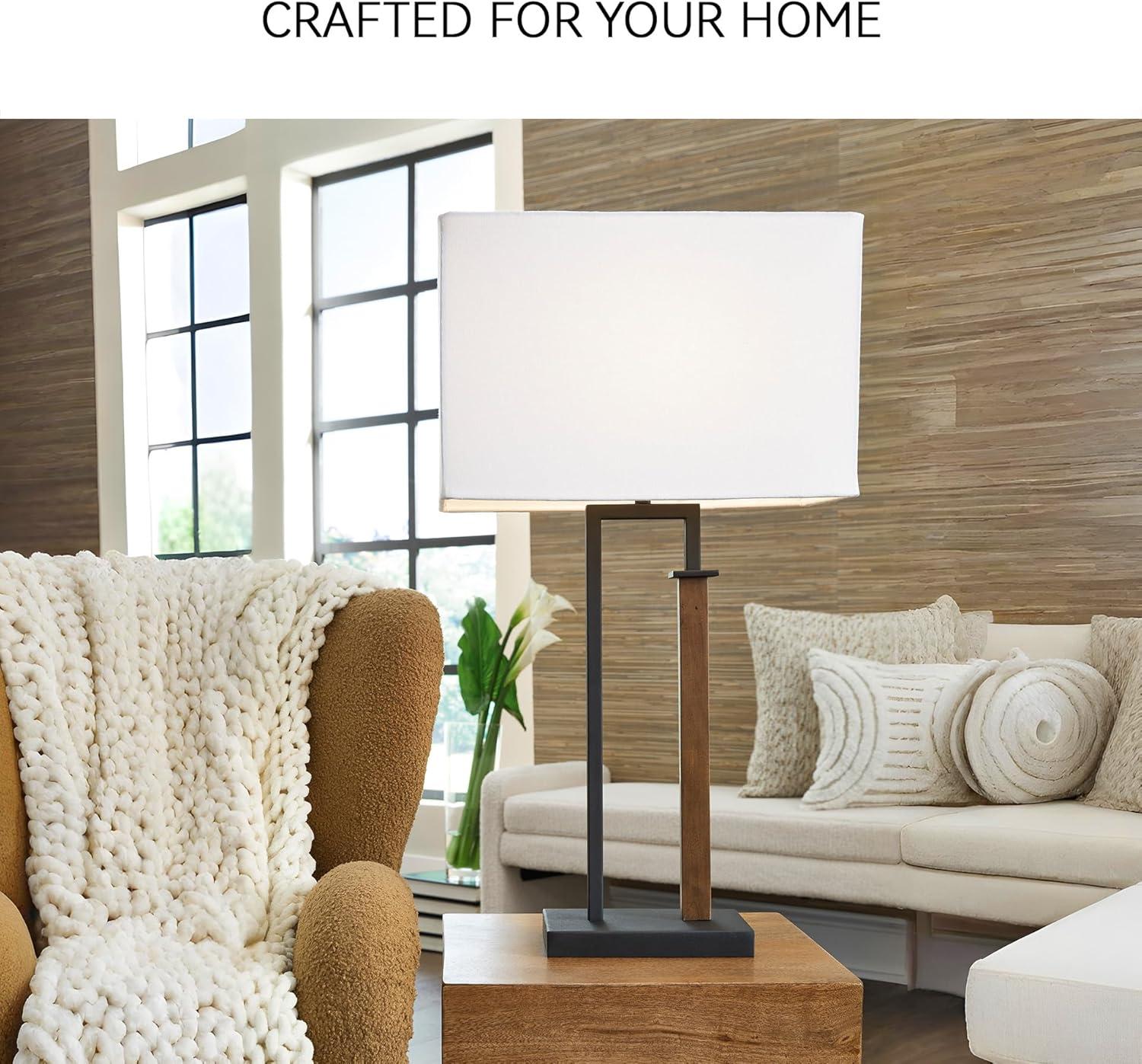 imageSignature Design by Ashley Voslen Minimalist Metal and Wood Table Lamp with 3Way Switch Set of 2 Black amp Light Brown