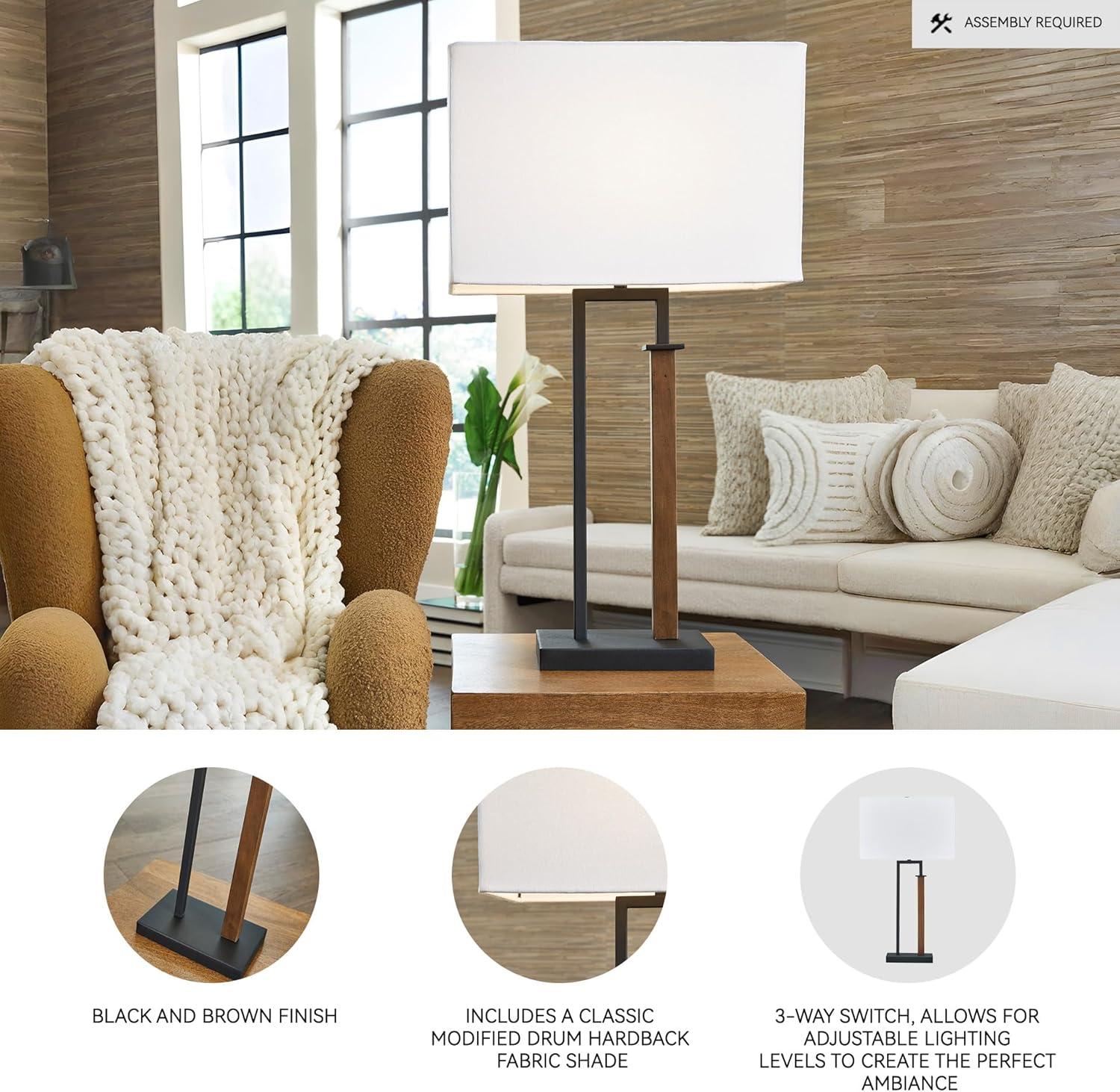imageSignature Design by Ashley Voslen Minimalist Metal and Wood Table Lamp with 3Way Switch Set of 2 Black amp Light Brown