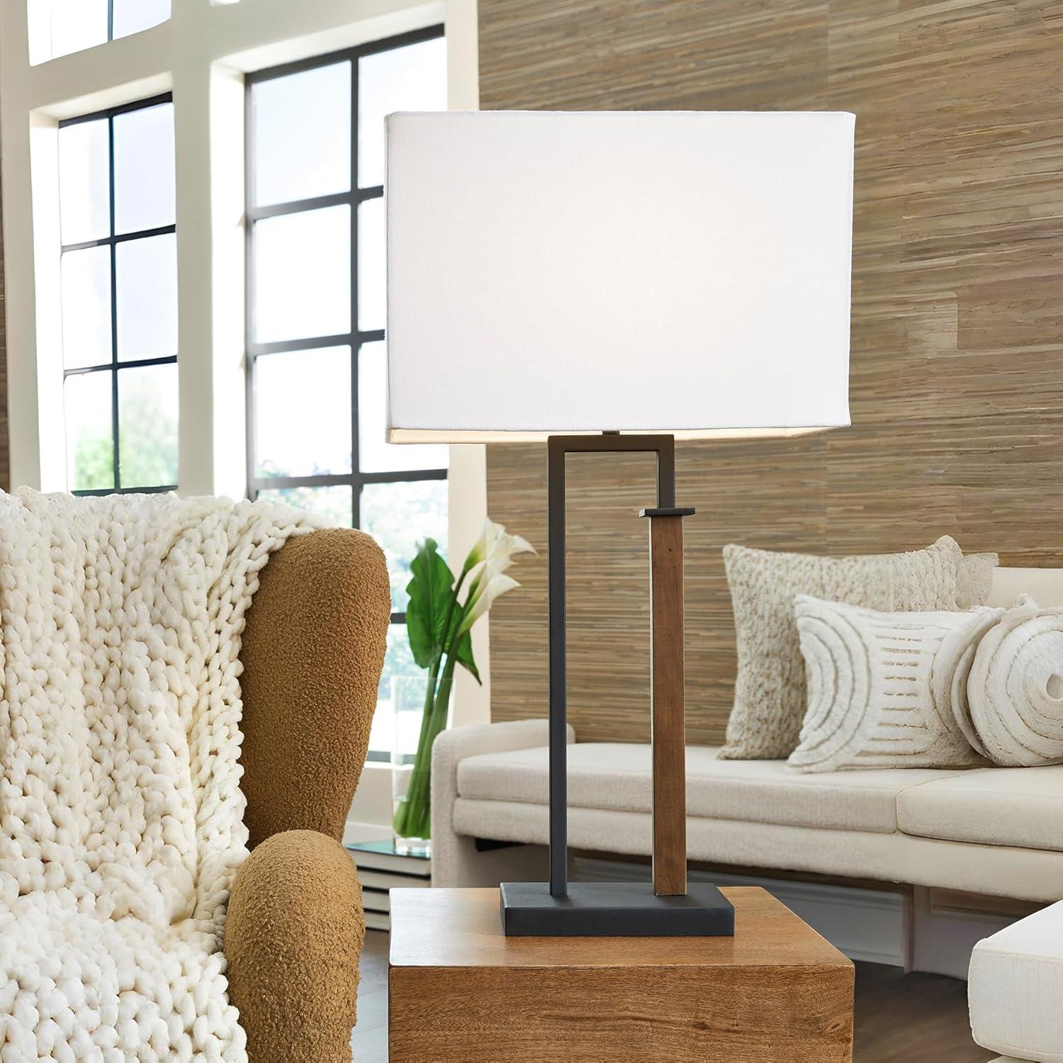 imageSignature Design by Ashley Voslen Minimalist Metal and Wood Table Lamp with 3Way Switch Set of 2 Black amp Light Brown