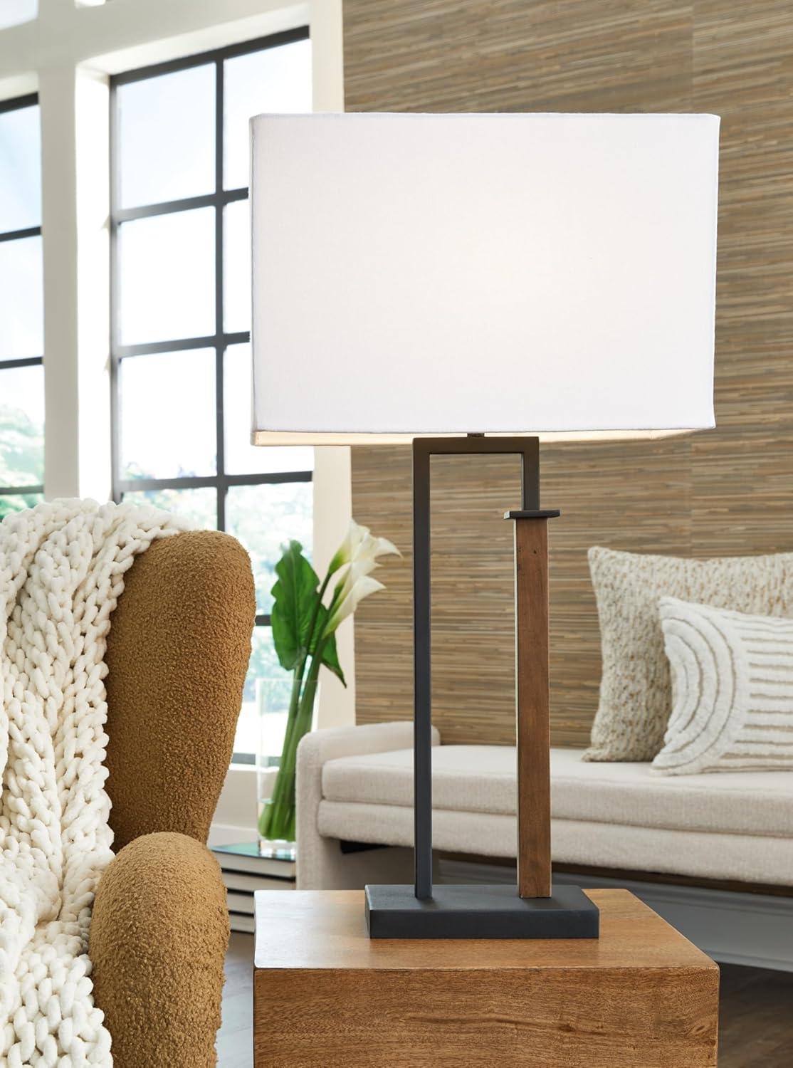 imageSignature Design by Ashley Voslen Minimalist Metal and Wood Table Lamp with 3Way Switch Set of 2 Black amp Light Brown