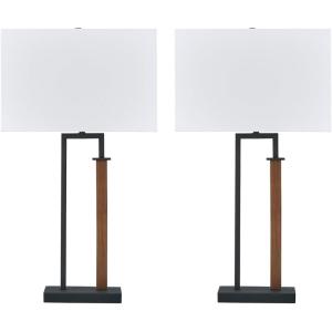 Signature Design by Ashley Voslen Minimalist Metal and Wood Table Lamp with 3-Way Switch, Set of 2, Black & Light Brown