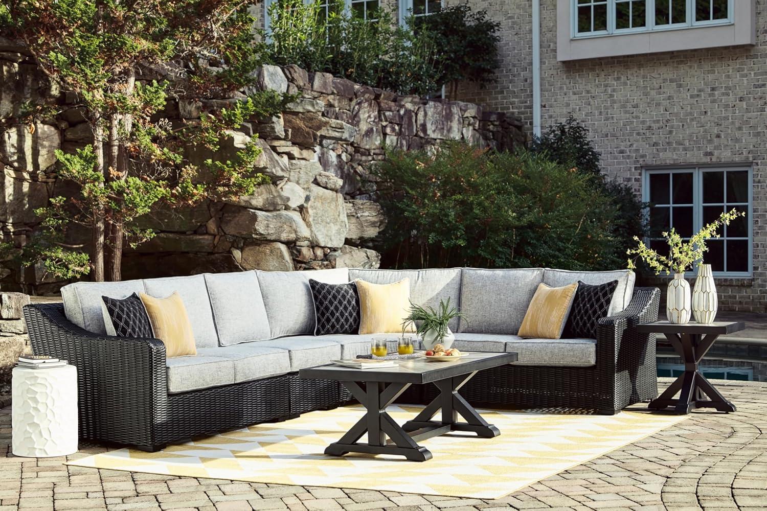 imageSignature Design by Ashley Beachcroft Farmhouse Weather and Rust Resistant Outdoor End Table with Porcelain Tabletop Black amp Light GrayBlack