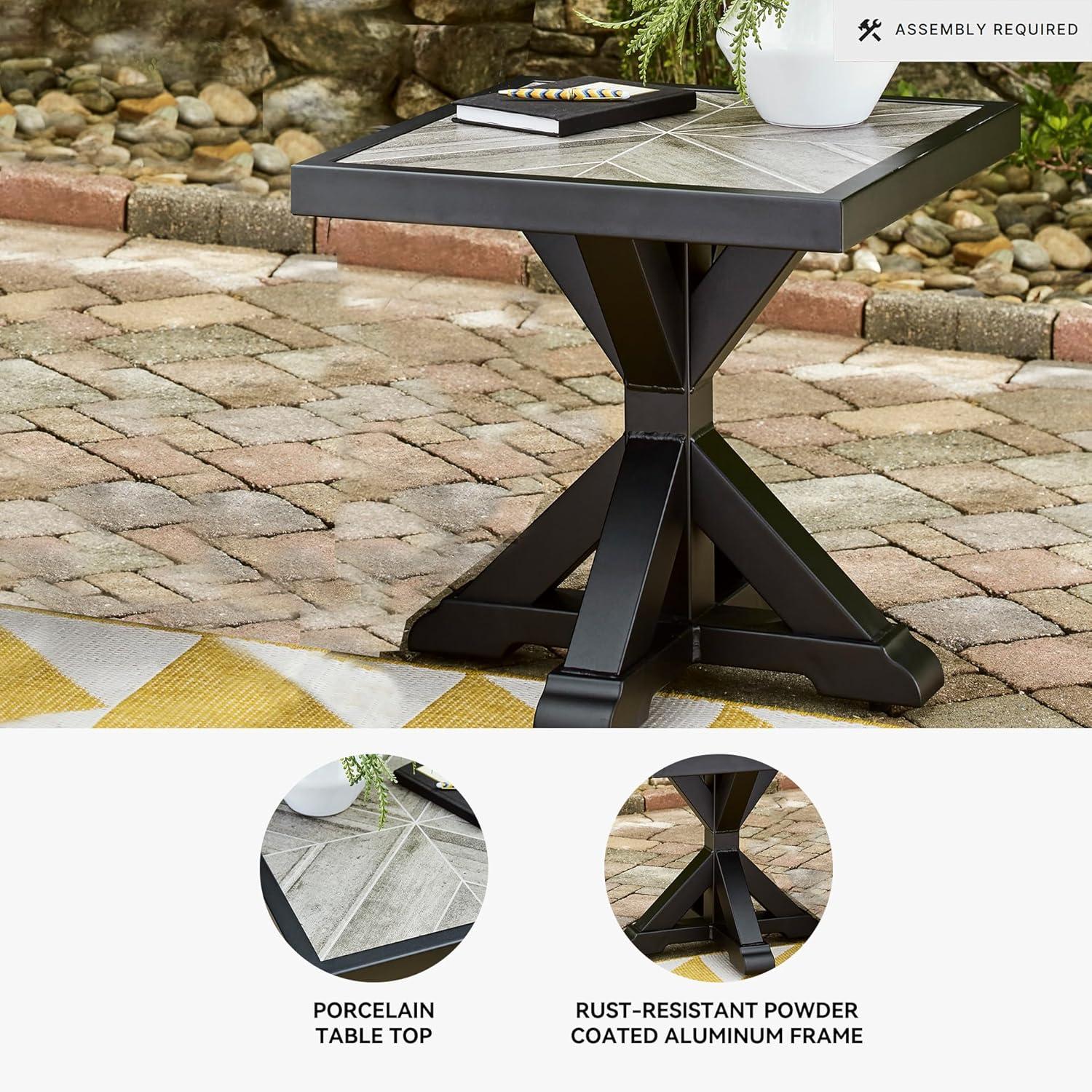 imageSignature Design by Ashley Beachcroft Farmhouse Weather and Rust Resistant Outdoor End Table with Porcelain Tabletop Black amp Light GrayBlack