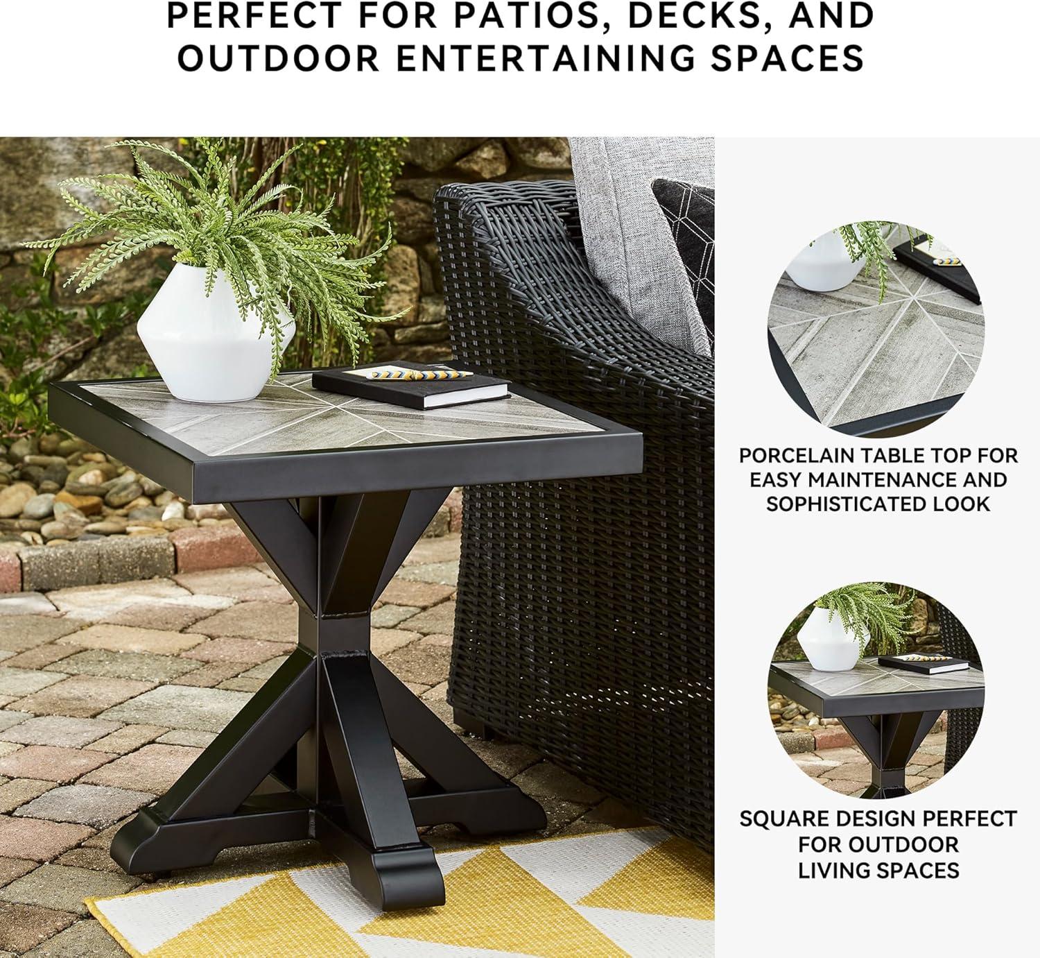 imageSignature Design by Ashley Beachcroft Farmhouse Weather and Rust Resistant Outdoor End Table with Porcelain Tabletop Black amp Light GrayBlack