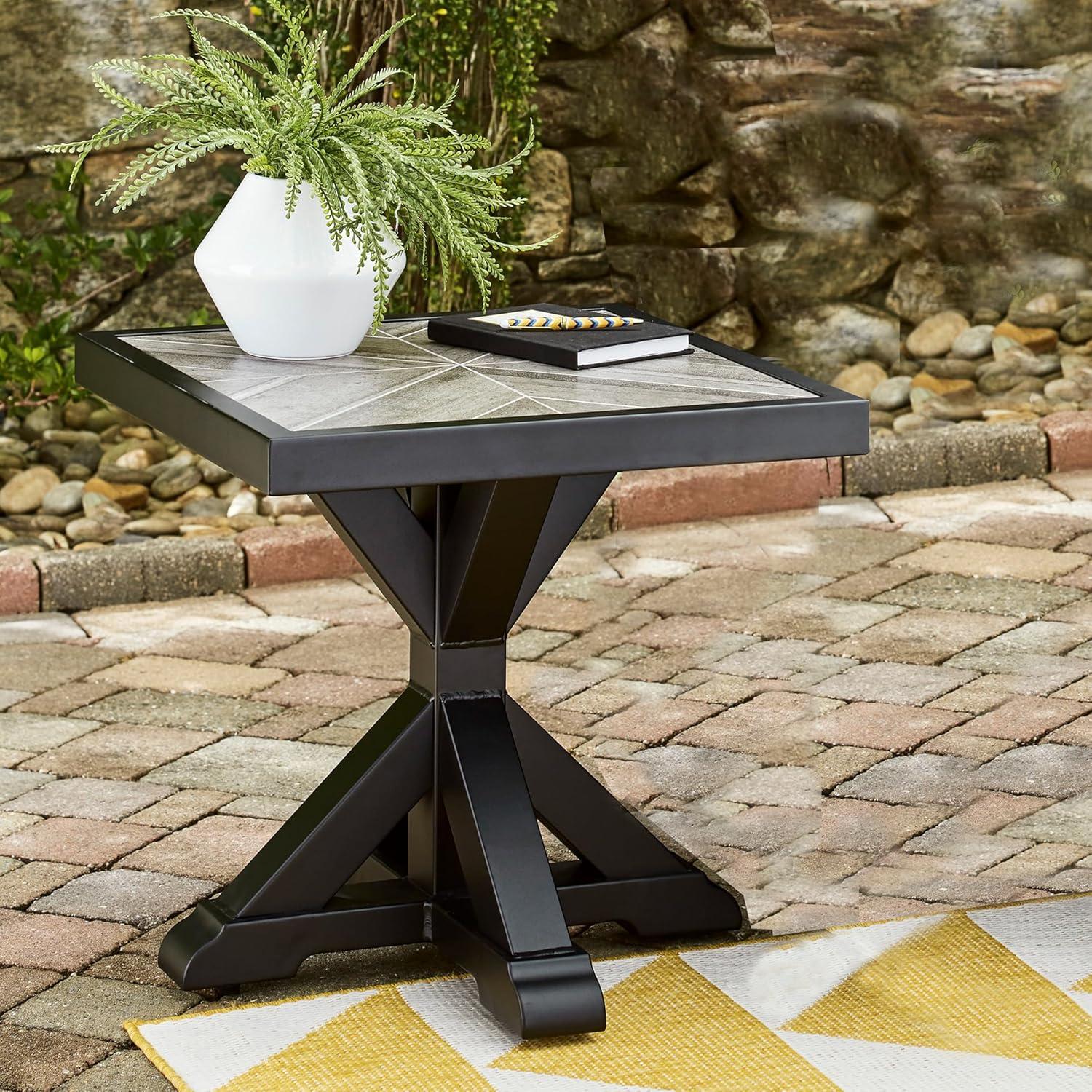 imageSignature Design by Ashley Beachcroft Farmhouse Weather and Rust Resistant Outdoor End Table with Porcelain Tabletop Black amp Light GrayBlack