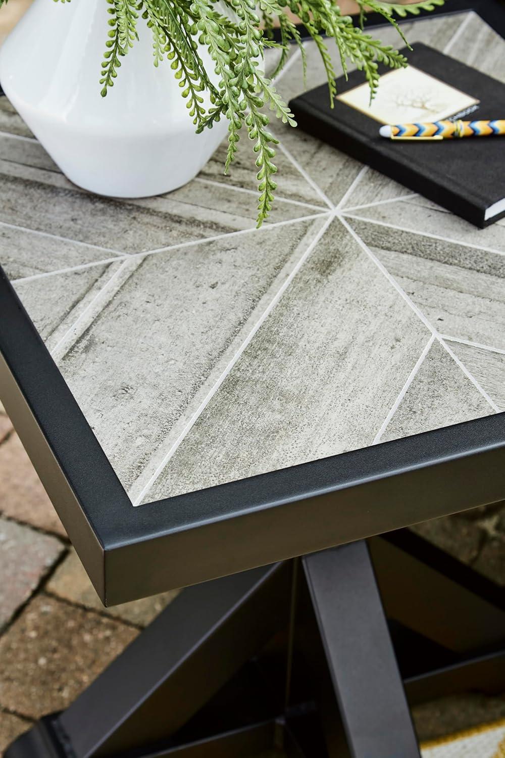 imageSignature Design by Ashley Beachcroft Farmhouse Weather and Rust Resistant Outdoor End Table with Porcelain Tabletop Black amp Light GrayBlack