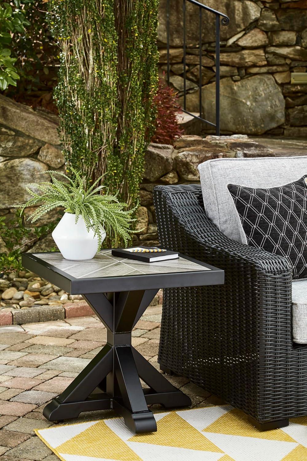 imageSignature Design by Ashley Beachcroft Farmhouse Weather and Rust Resistant Outdoor End Table with Porcelain Tabletop Black amp Light GrayBlack