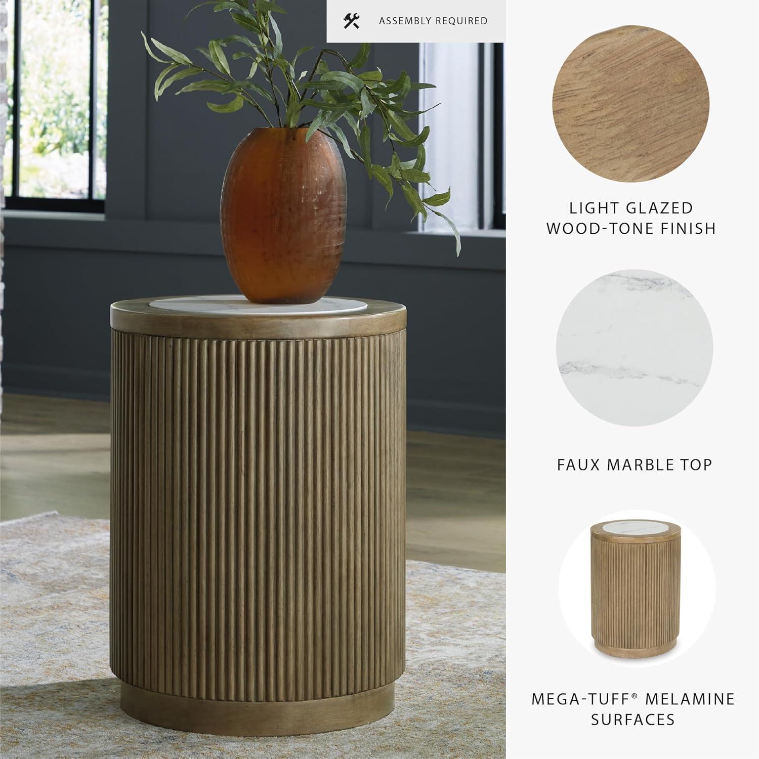imageSignature Design by Ashley Camdill Round End Table Scratch amp Stain Resistant Faux Marble Top Hardwood Solids 1813 W x 1813 D x 2375 H Light Brown amp White
