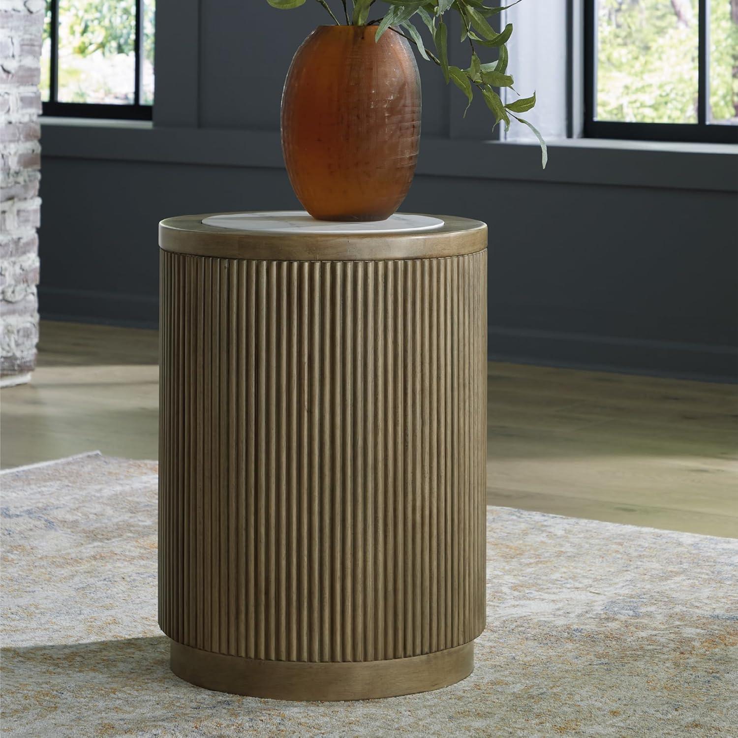 imageSignature Design by Ashley Camdill Round End Table Scratch amp Stain Resistant Faux Marble Top Hardwood Solids 1813 W x 1813 D x 2375 H Light Brown amp White