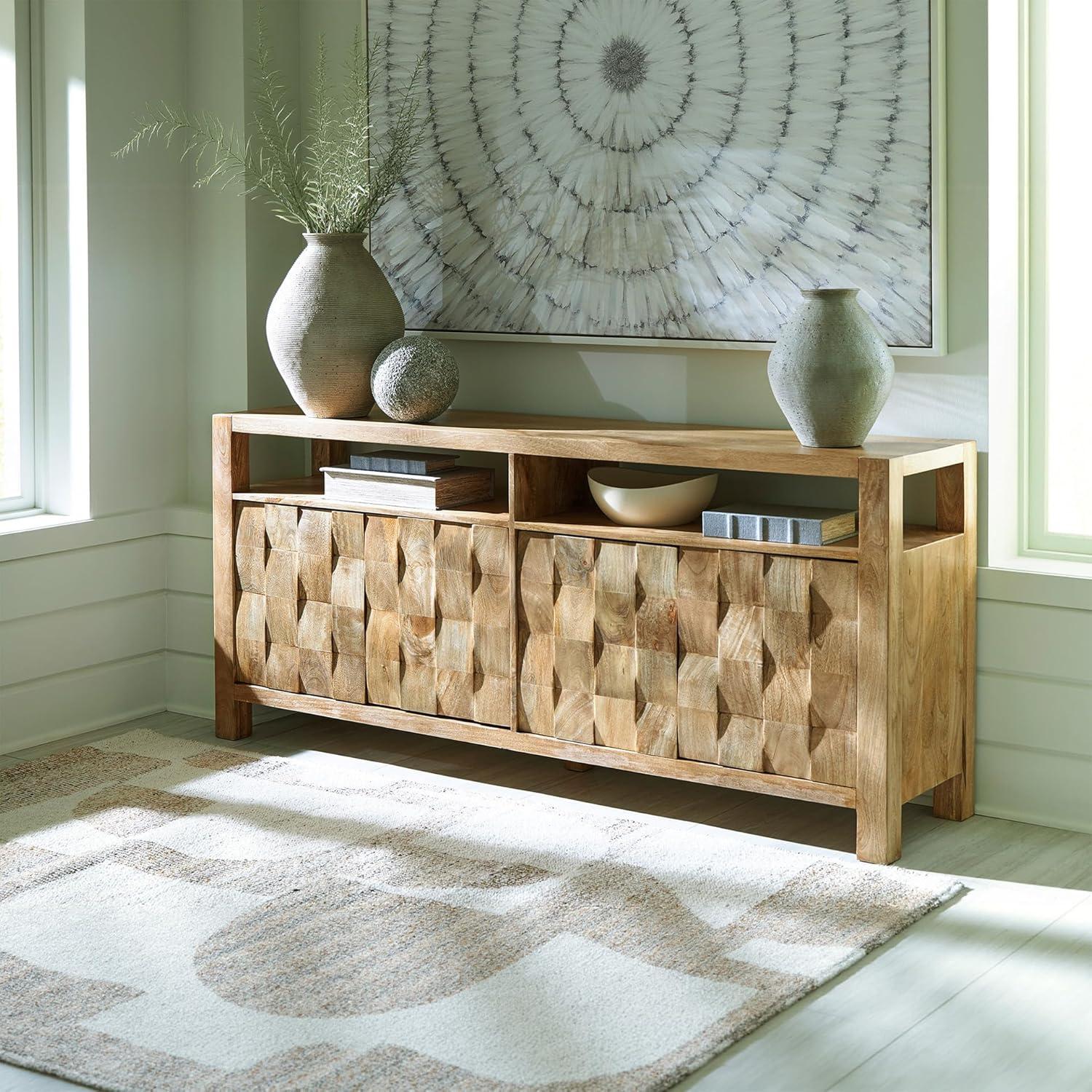 imageSignature Design by Ashley Hudwick Farmhouse 4Door Accent Cabinet with 2 Adjustable Shelves Light Brown