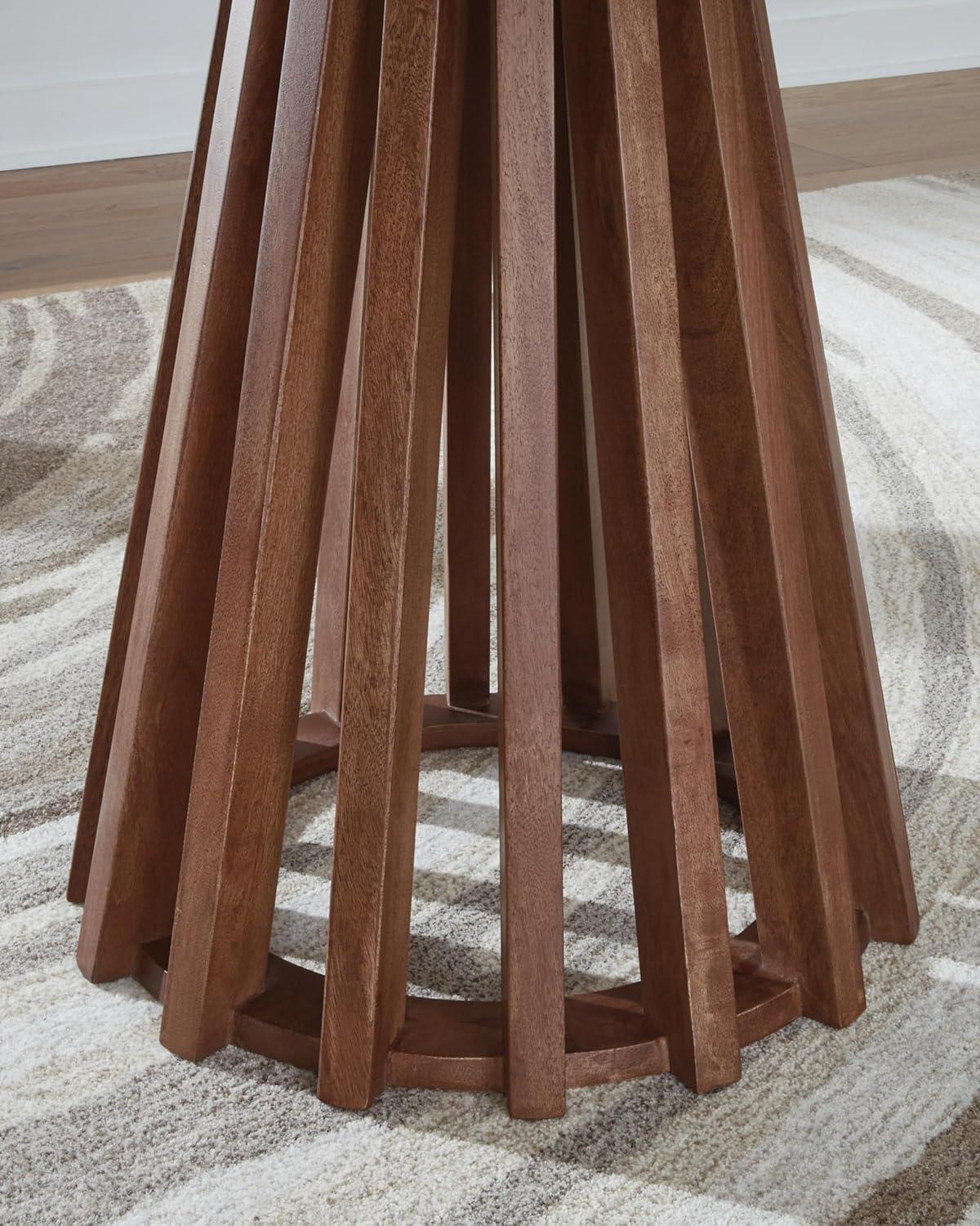 imageSignature Design by Ashley Kallari Casual Round End Table Modern Design TwoTone Slatted Base Mango Wood 2363 W x 2363 D x 25 H BrownBlackEnd Table