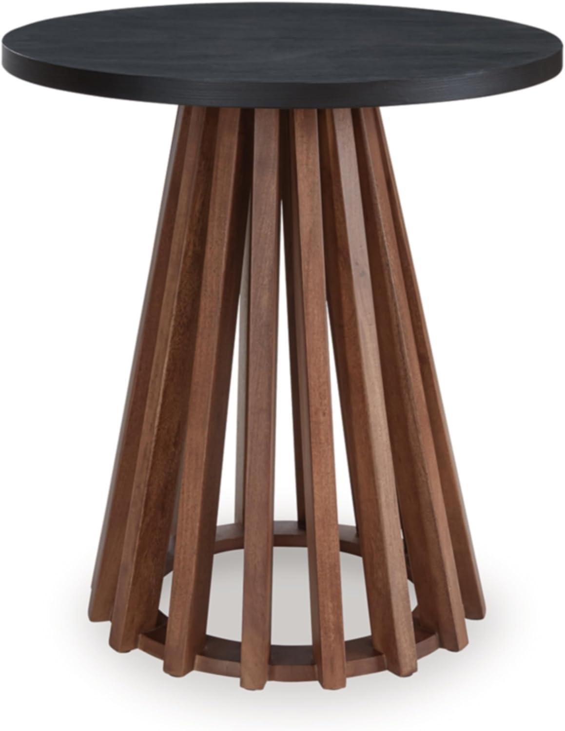 imageSignature Design by Ashley Kallari Casual Round End Table Modern Design TwoTone Slatted Base Mango Wood 2363 W x 2363 D x 25 H BrownBlackEnd Table