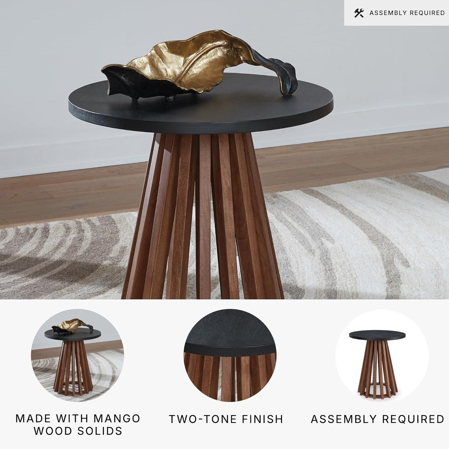 imageSignature Design by Ashley Kallari Casual Round End Table Modern Design TwoTone Slatted Base Mango Wood 2363 W x 2363 D x 25 H BrownBlackEnd Table