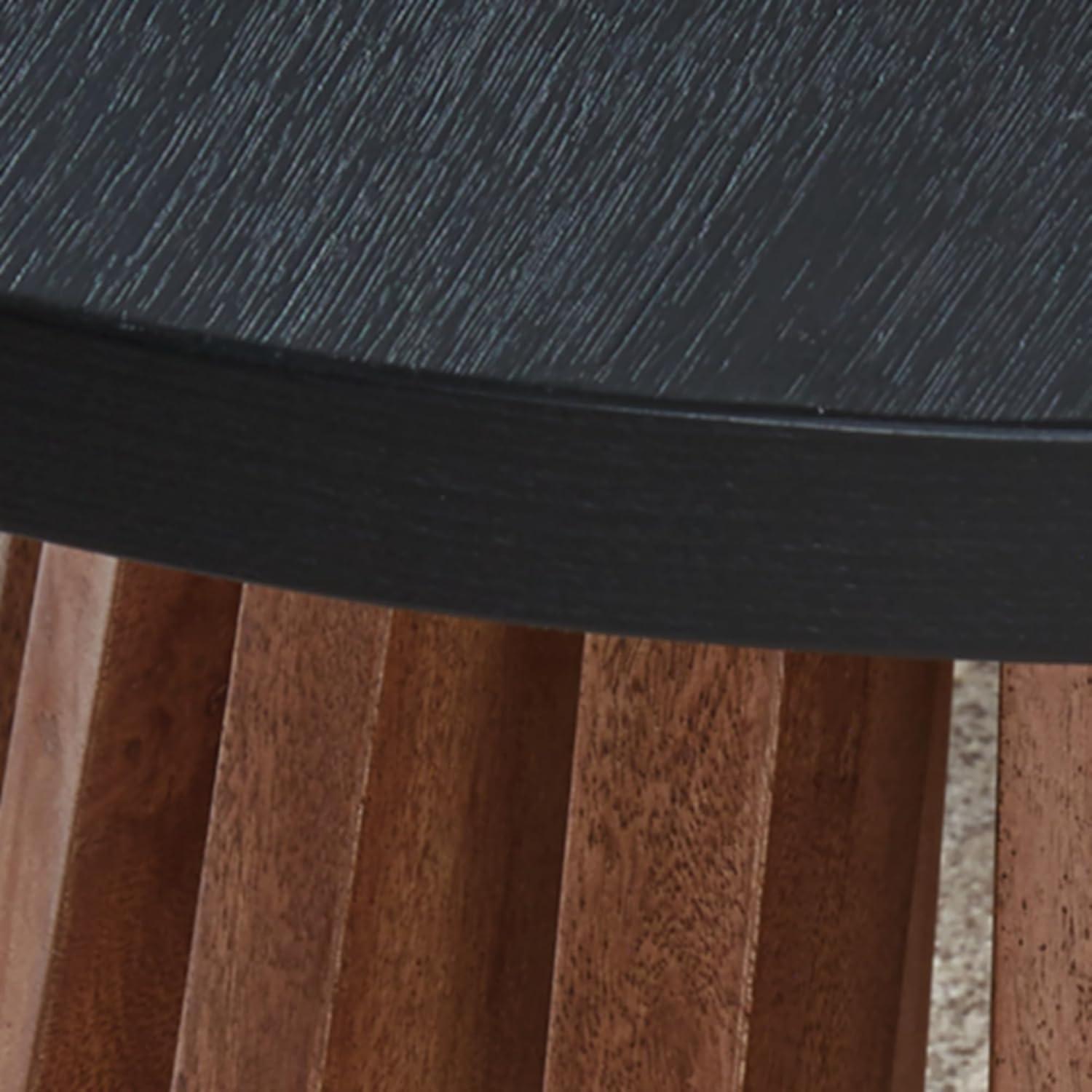 imageSignature Design by Ashley Kallari Casual Round End Table Modern Design TwoTone Slatted Base Mango Wood 2363 W x 2363 D x 25 H BrownBlackEnd Table