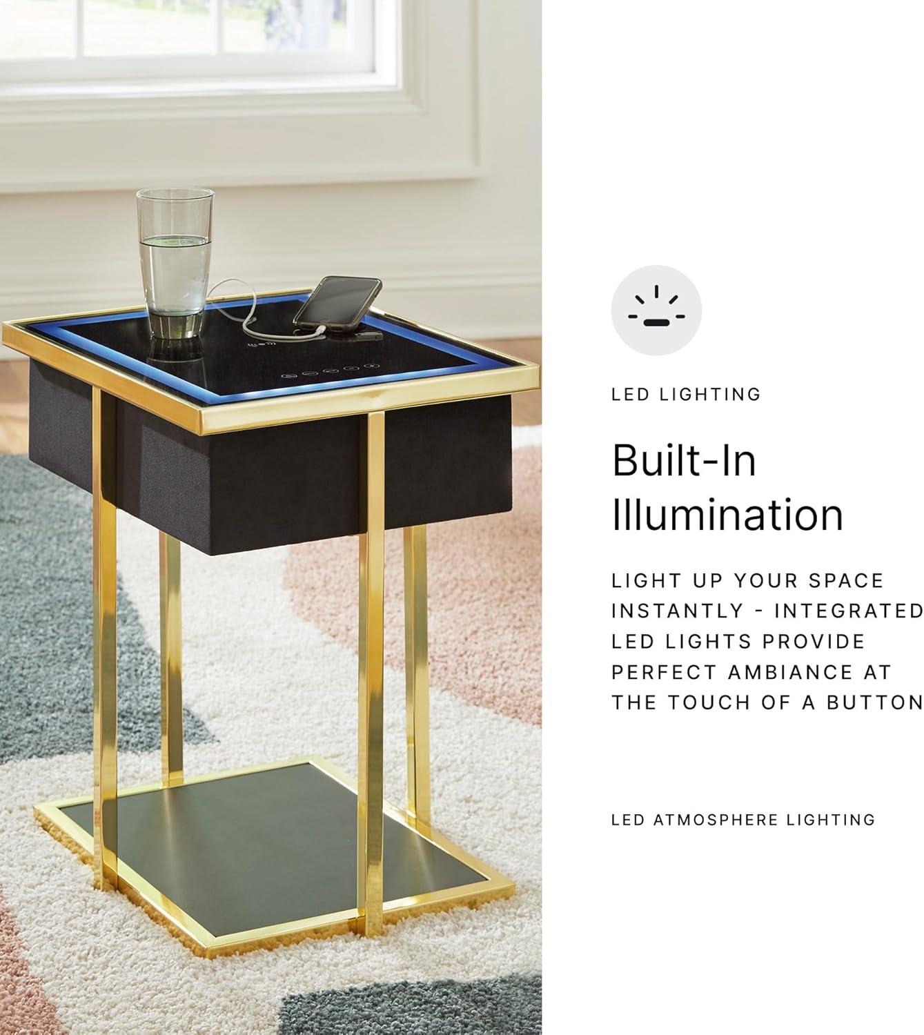 imageSignature Design by Ashley Rexwell Contemporary Accent Table with Speaker USB Ports Wireless Charging LED Light and Shelf Black amp Metallic