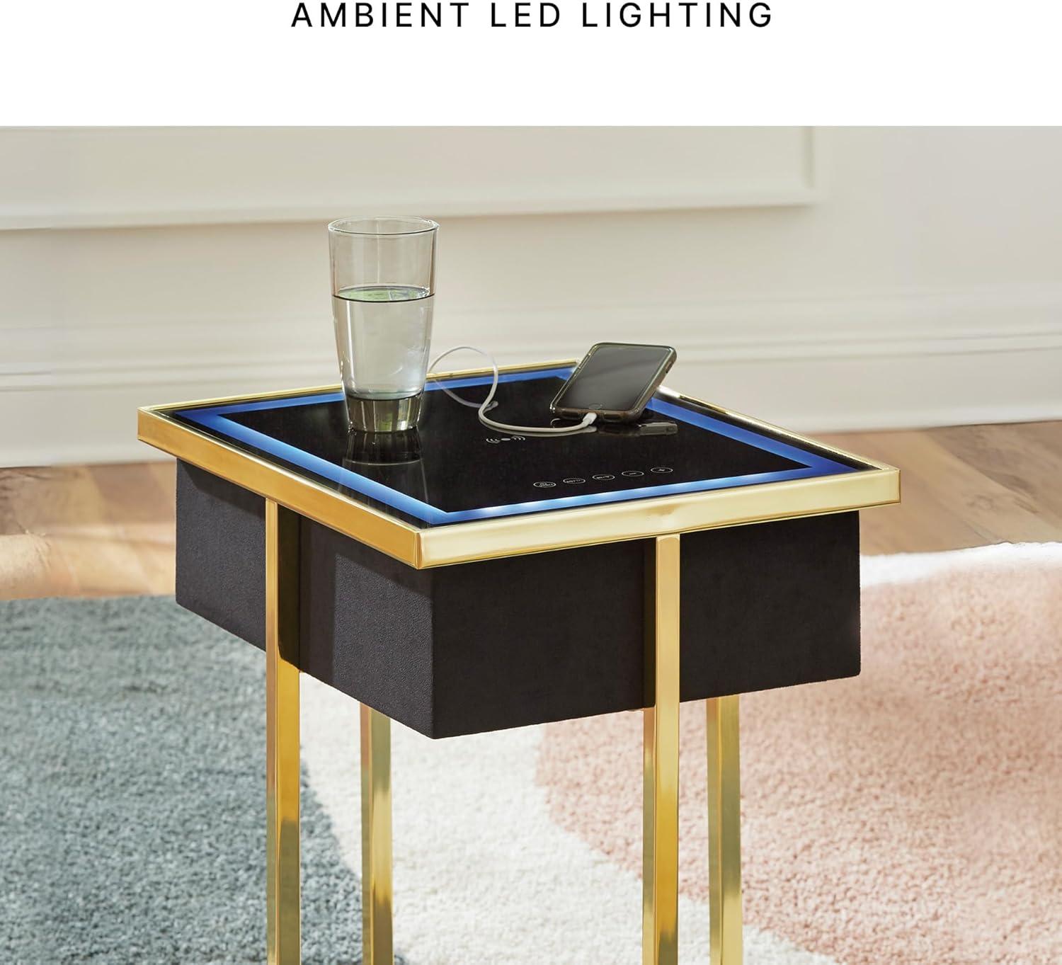 imageSignature Design by Ashley Rexwell Contemporary Accent Table with Speaker USB Ports Wireless Charging LED Light and Shelf Black amp Metallic