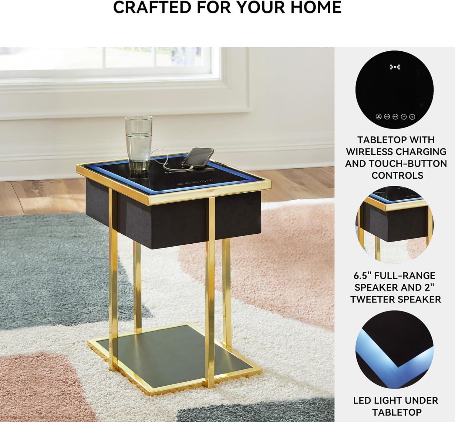 imageSignature Design by Ashley Rexwell Contemporary Accent Table with Speaker USB Ports Wireless Charging LED Light and Shelf Black amp Metallic