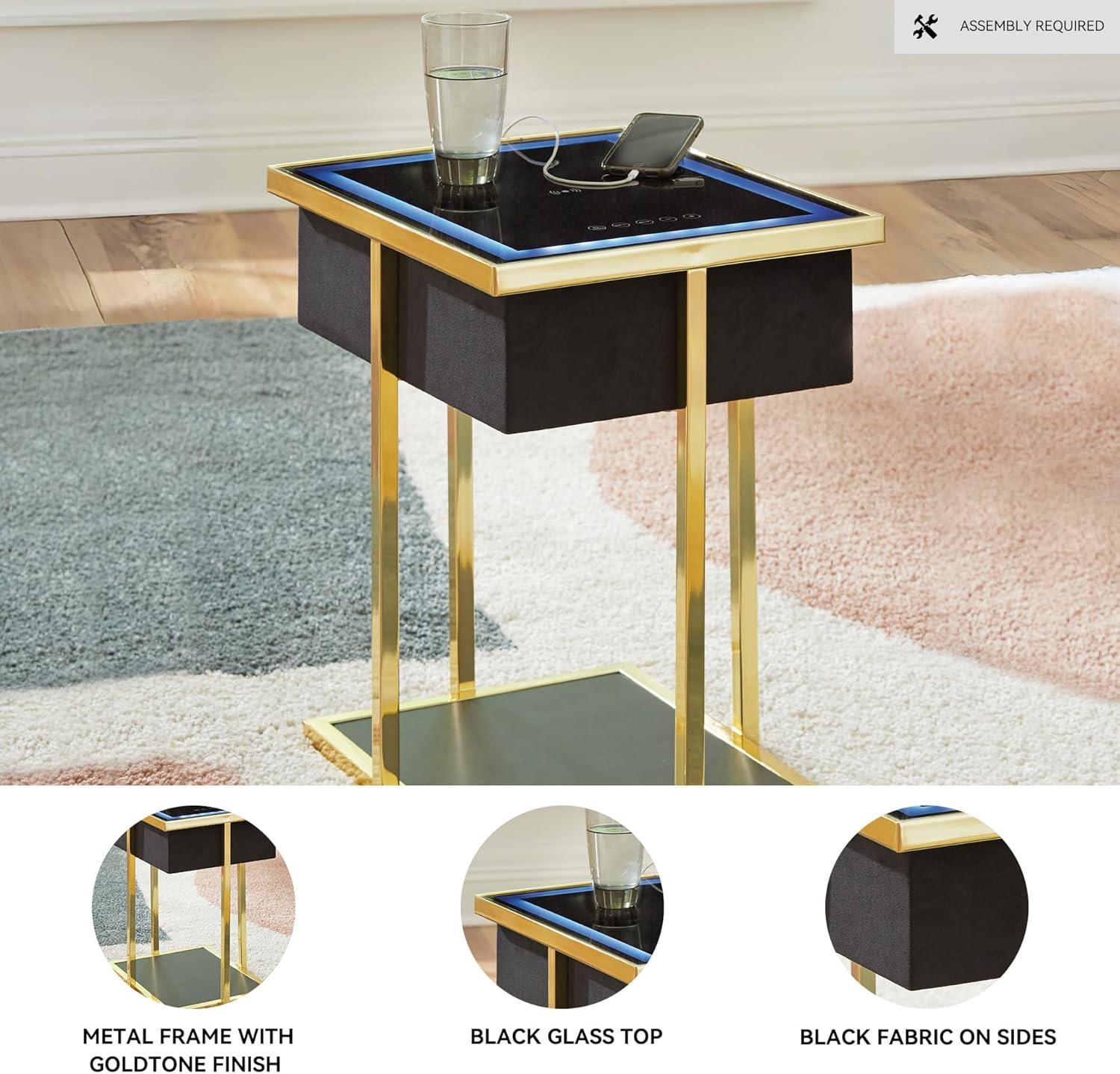 imageSignature Design by Ashley Rexwell Contemporary Accent Table with Speaker USB Ports Wireless Charging LED Light and Shelf Black amp Metallic