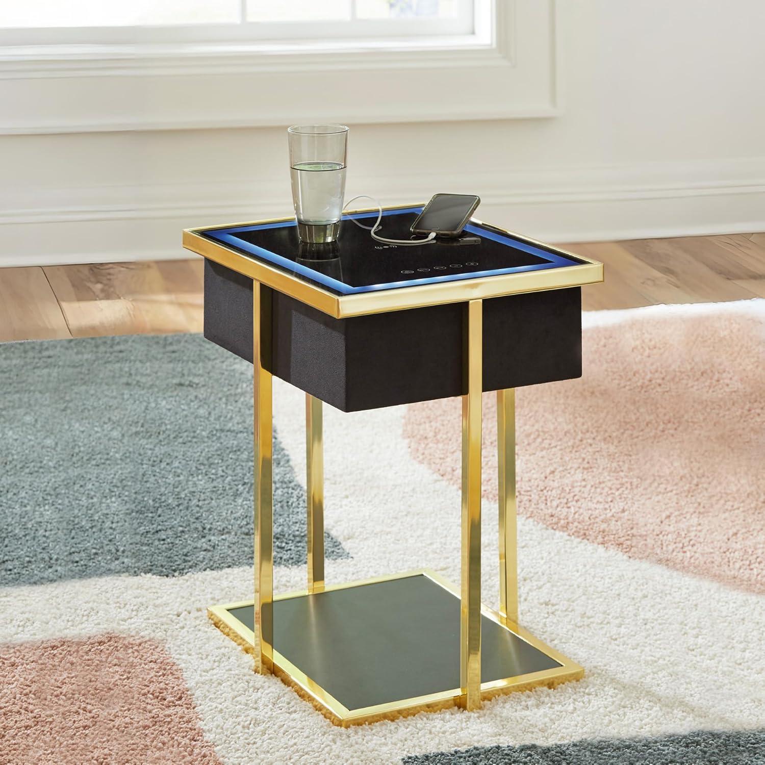 imageSignature Design by Ashley Rexwell Contemporary Accent Table with Speaker USB Ports Wireless Charging LED Light and Shelf Black amp Metallic
