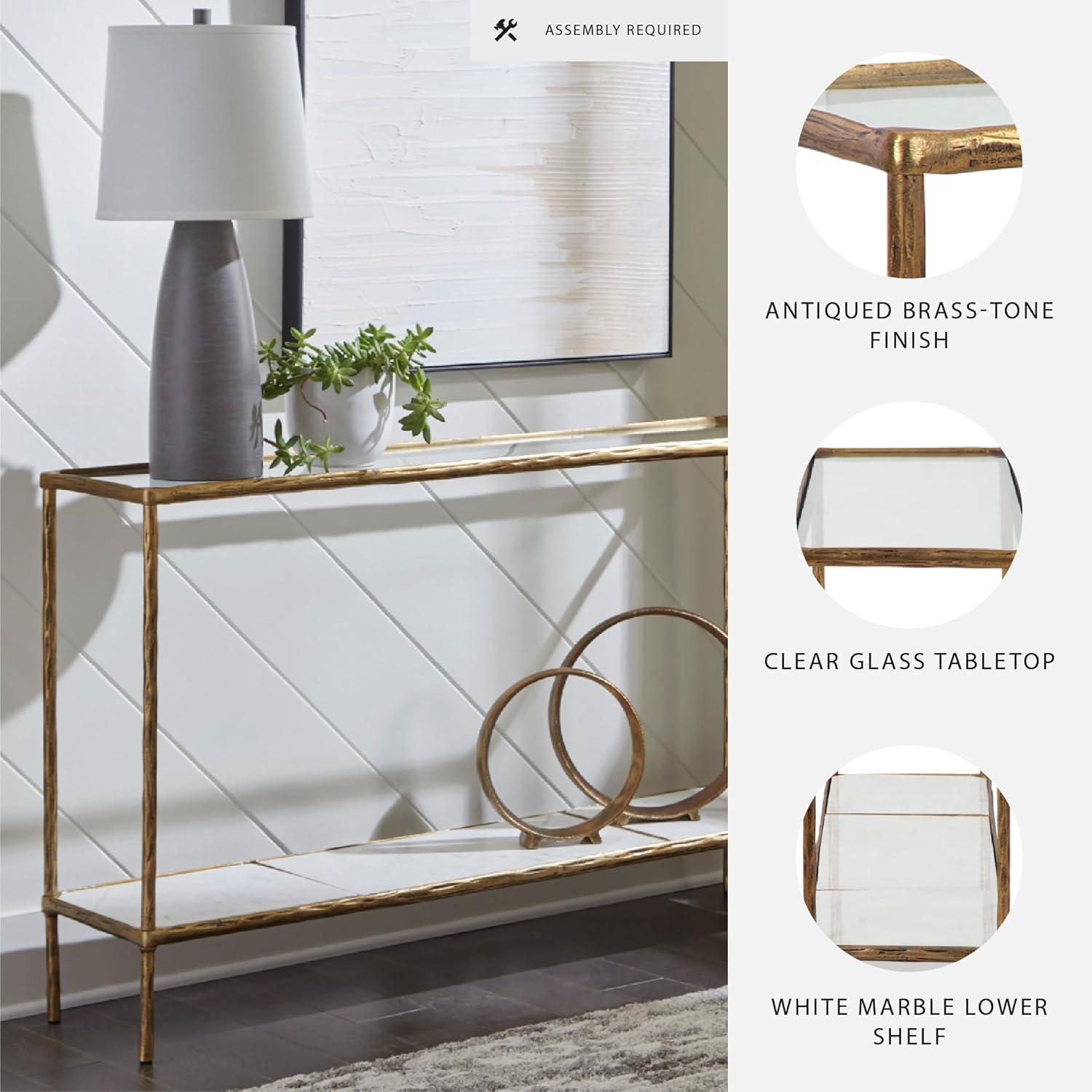 imageSignature Design by Ashley Ryandale Console Sofa Table Glass Tabletop White Marble Lower Shelf Sand Casted Aluminum 52 W x 125 D x 3275 H Antique Brass Finish