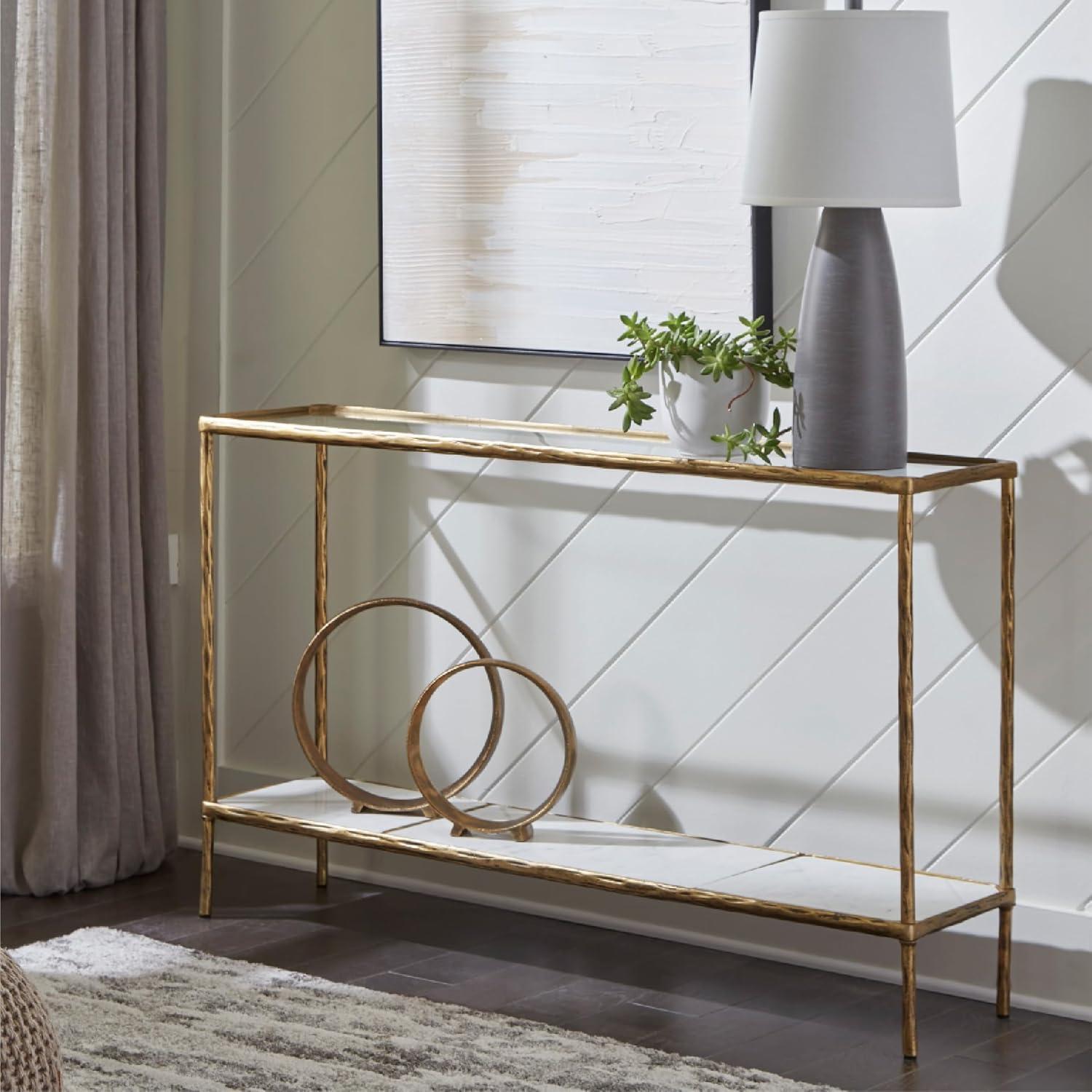 imageSignature Design by Ashley Ryandale Console Sofa Table Glass Tabletop White Marble Lower Shelf Sand Casted Aluminum 52 W x 125 D x 3275 H Antique Brass Finish