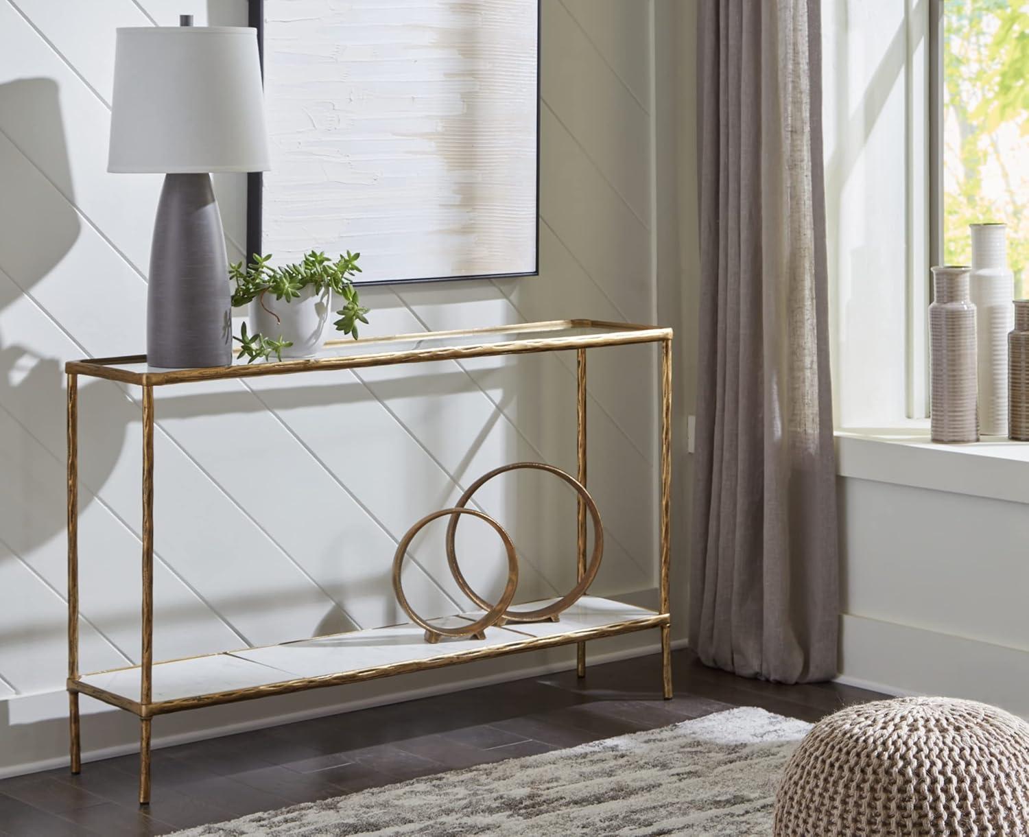 imageSignature Design by Ashley Ryandale Console Sofa Table Glass Tabletop White Marble Lower Shelf Sand Casted Aluminum 52 W x 125 D x 3275 H Antique Brass Finish