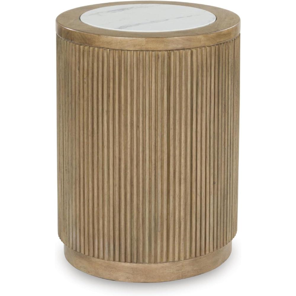imageSignature Design by Ashley Camdill Round End Table Scratch amp Stain Resistant Faux Marble Top Hardwood Solids 1813 W x 1813 D x 2375 H Light Brown amp White