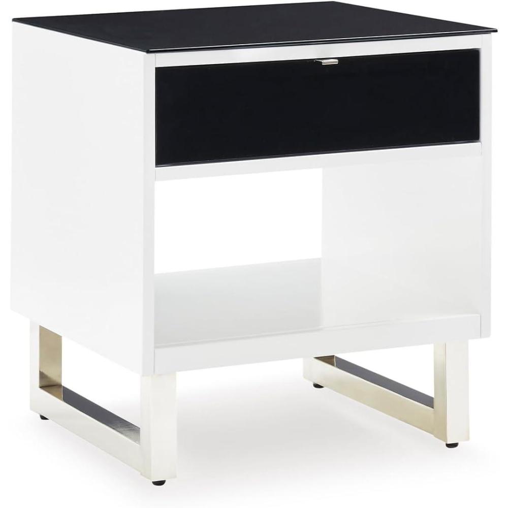 imageSignature Design by Ashley Gardoni Modern GlassTabletop End Table with 1 Drawer Open Shelf and High Gloss Finish White amp Black