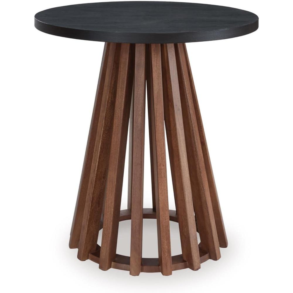 imageSignature Design by Ashley Kallari Casual Round End Table Modern Design TwoTone Slatted Base Mango Wood 2363 W x 2363 D x 25 H BrownBlackEnd Table