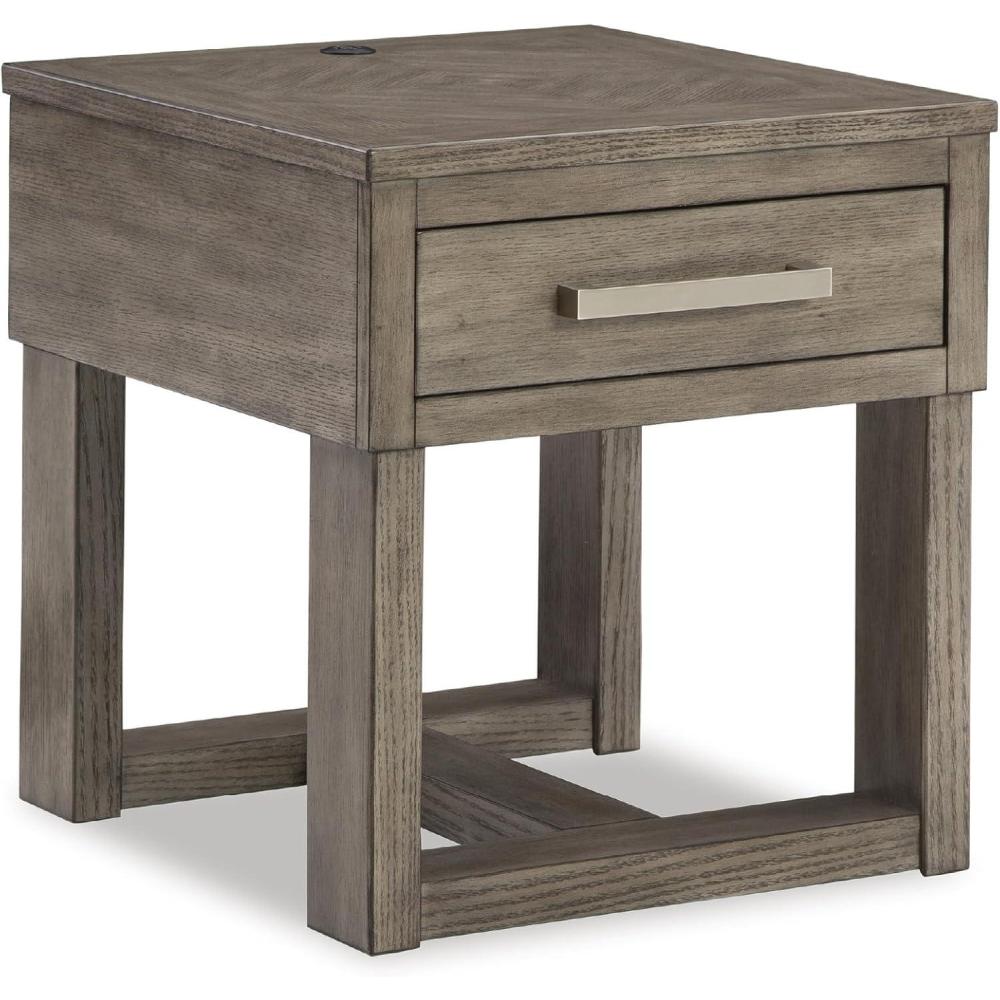 imageSignature Design by Ashley Loyaska Casual 1Drawer End Table with USB Ports and Trestle Base Gray and Light Brown