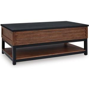 Signature Design by Ashley Kallari Casual Round End Table, Modern Design, Two-Tone, Slatted Base, Mango Wood, 23.63″ W x 23.63″ D x 25″ H, Brown/Black(Lift-Top Coffee Table)