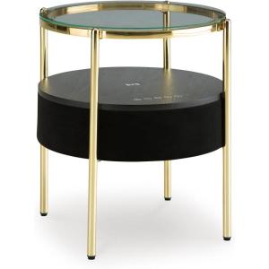 Signature Design by Ashley Nedman Contemporary Accent Table with Speaker, Wireless Charging, USB Port and Charging Station, Clear & Metallic