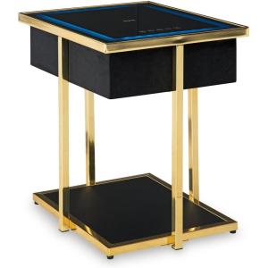 Signature Design by Ashley Rexwell Contemporary Accent Table with Speaker, USB Ports, Wireless Charging, LED Light and Shelf, Black & Metallic